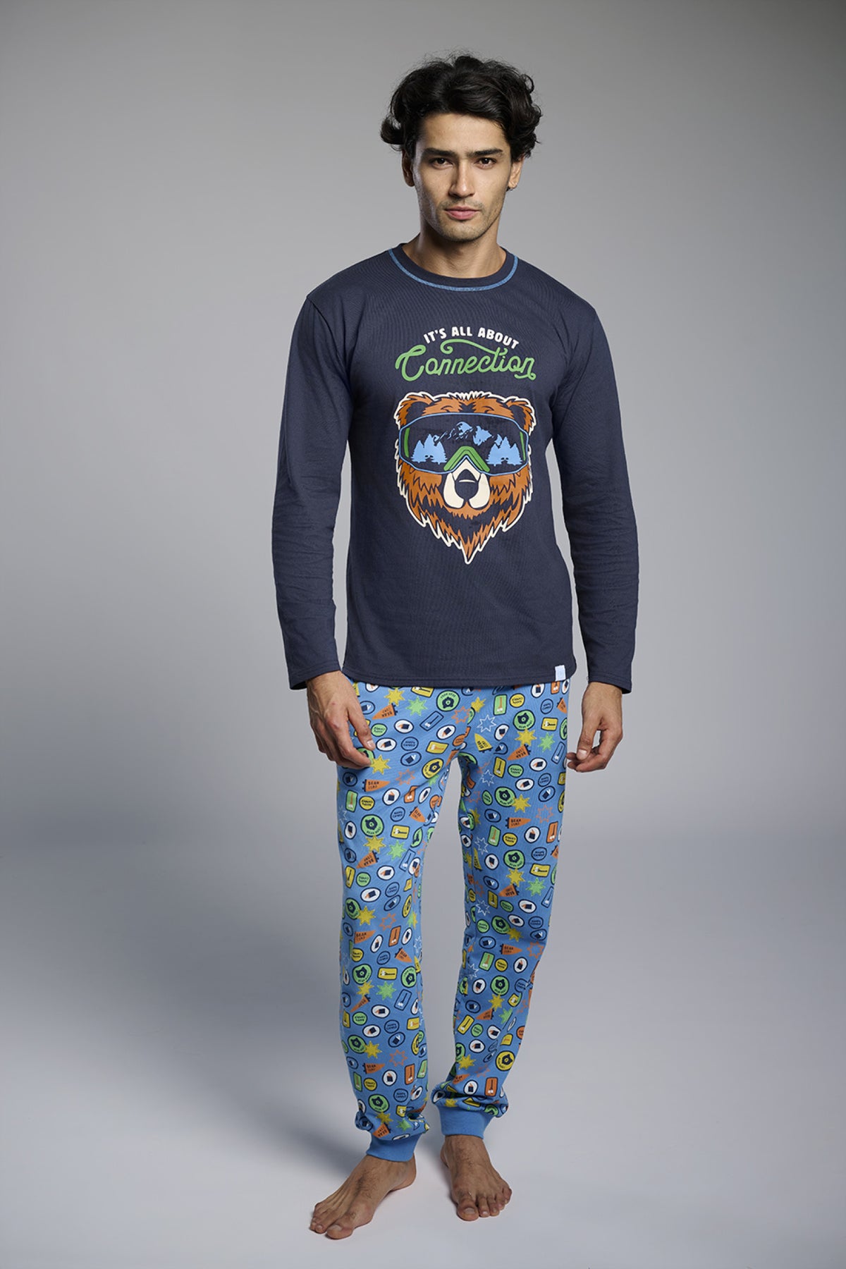 Pijama comprido de homem em algodão estampado de urso It's all about Connection