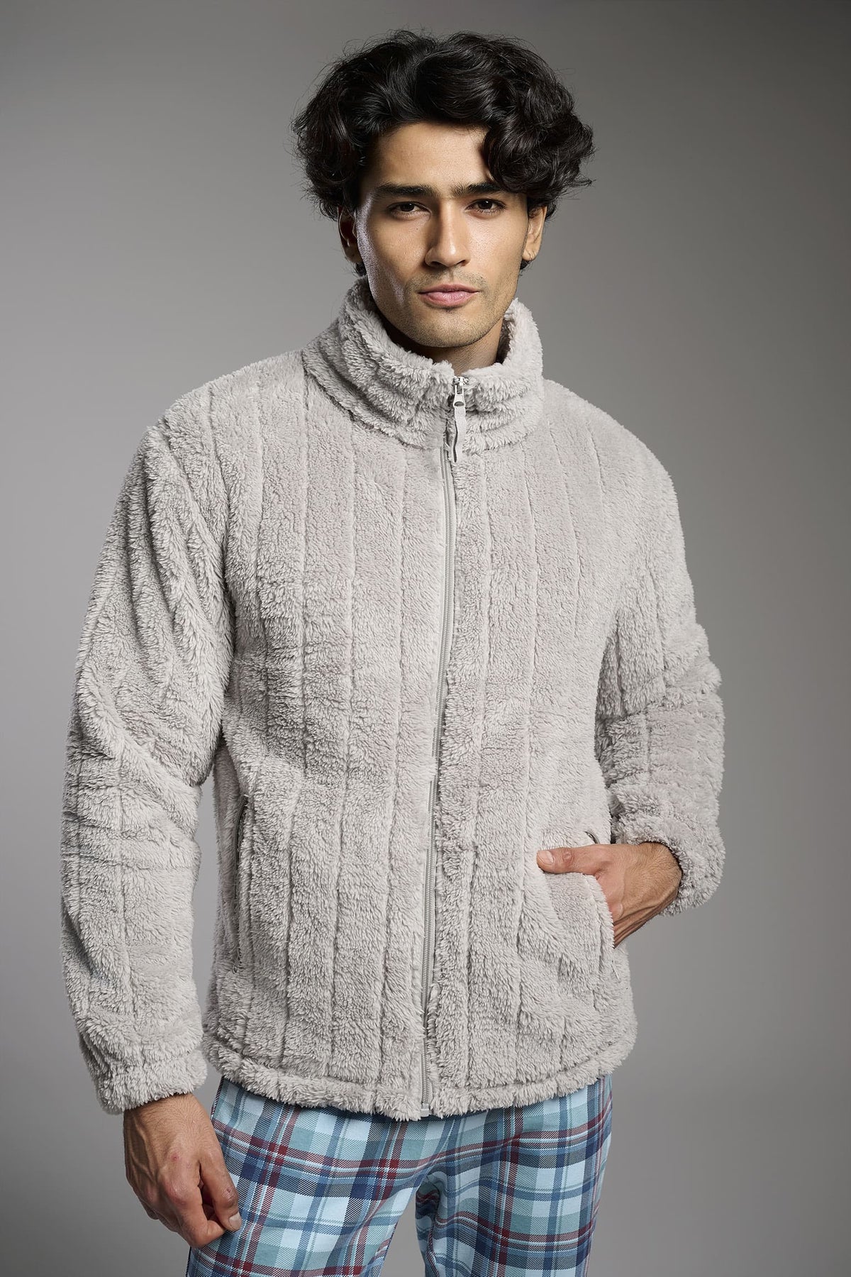 Roupão curto de homem polar sherpa jacquard cinzento