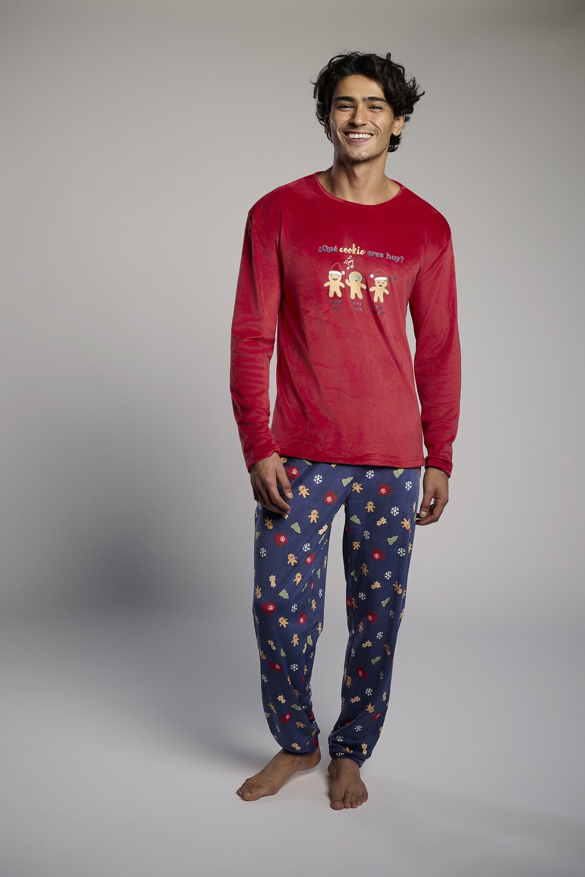 Pijama comprido de homem em veludo Natal estampado de gengibre