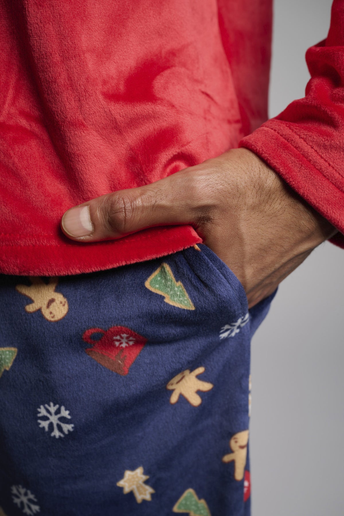 Pijama comprido de homem em veludo Natal estampado de gengibre
