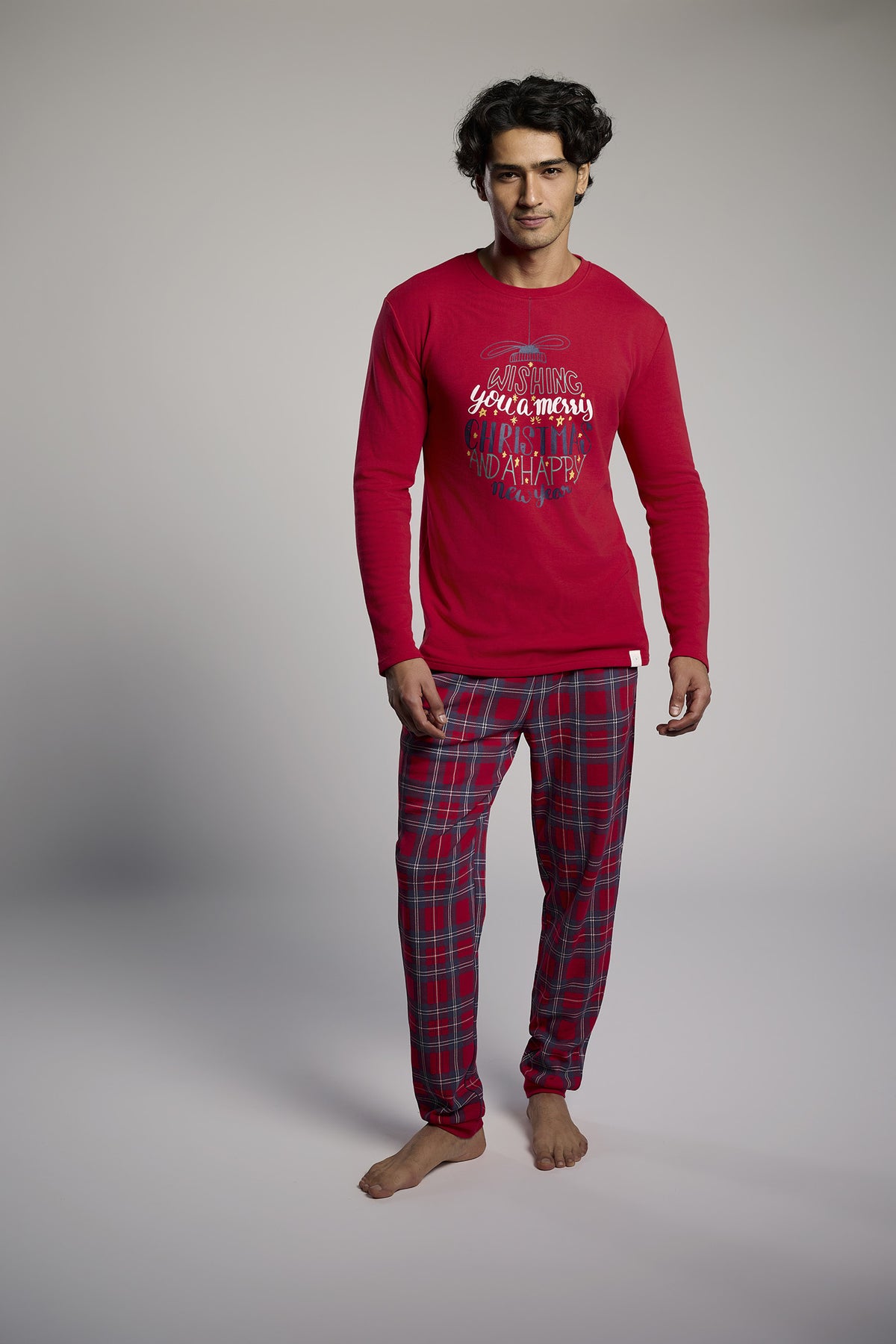 Pijama comprido de homem cardado estampado de Natal Wishing you a Merry Christmas and a Happy New Year