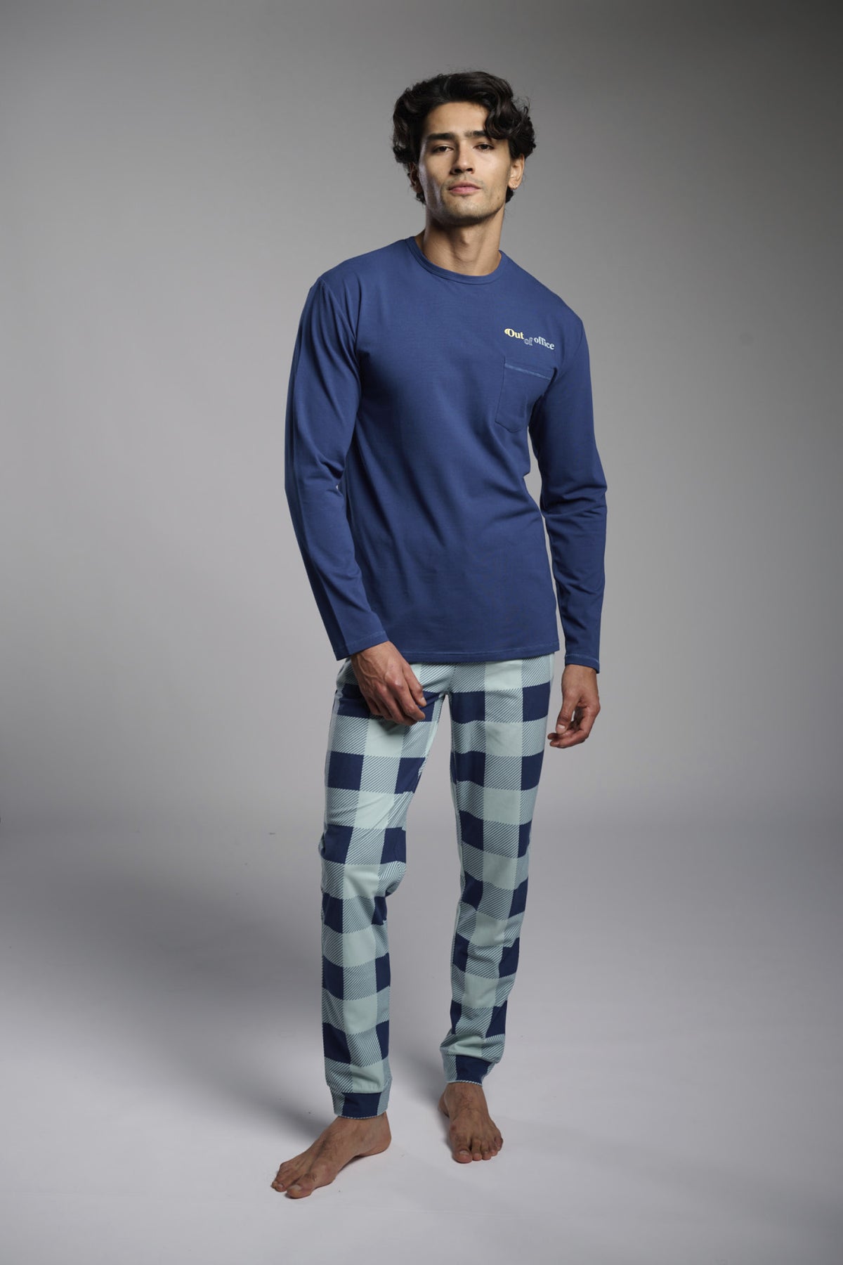 Pijama comprido de homem toque muito suave Out of Office aos quadrados