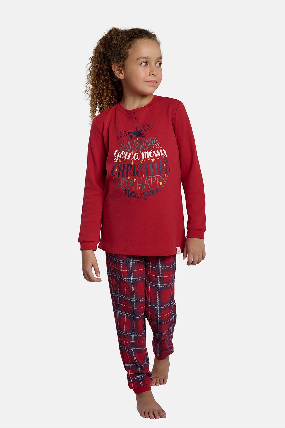 Pijama comprido infantil unissexo cardado Natal aos quadrados