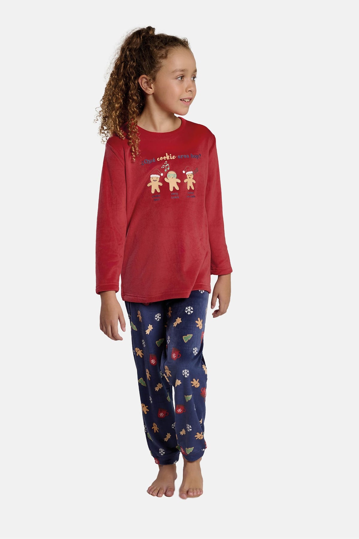 Pijama comprido infantil unissexo em veludo Natal estampado de gengibre