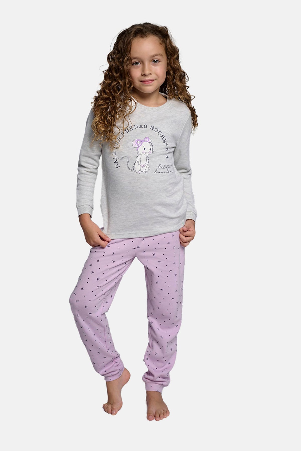 Pijama comprido de menina cardado estampado de ratinha dorminhoca