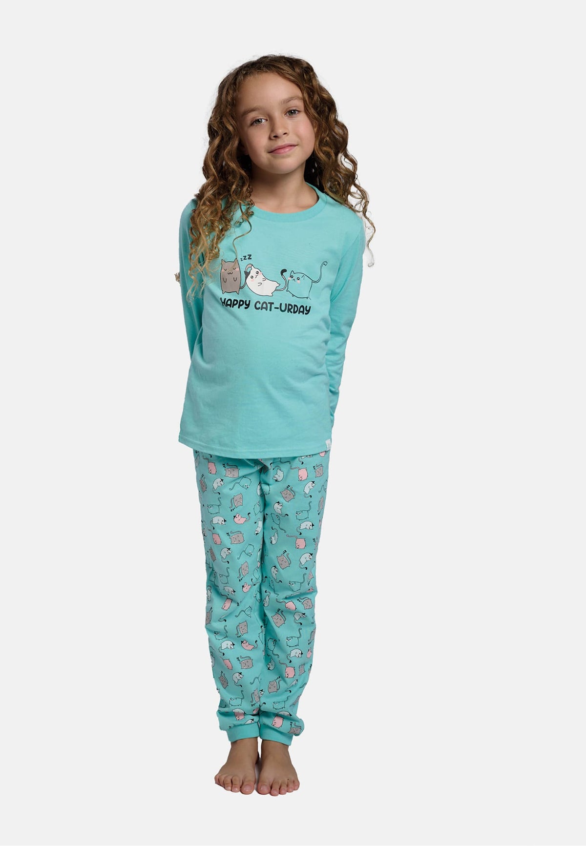 Pijama comprido de menina em algodão estampado de gatos Happy cat-urday