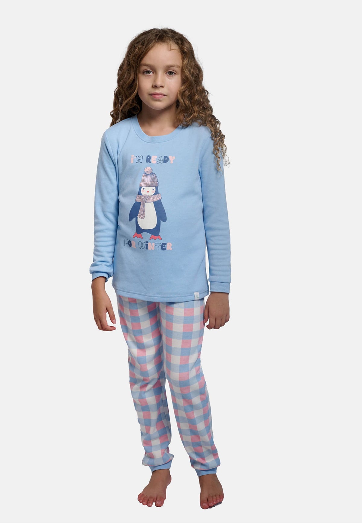 Pijama comprido de menina cardado I'm ready for winter pinguim aos quadrados