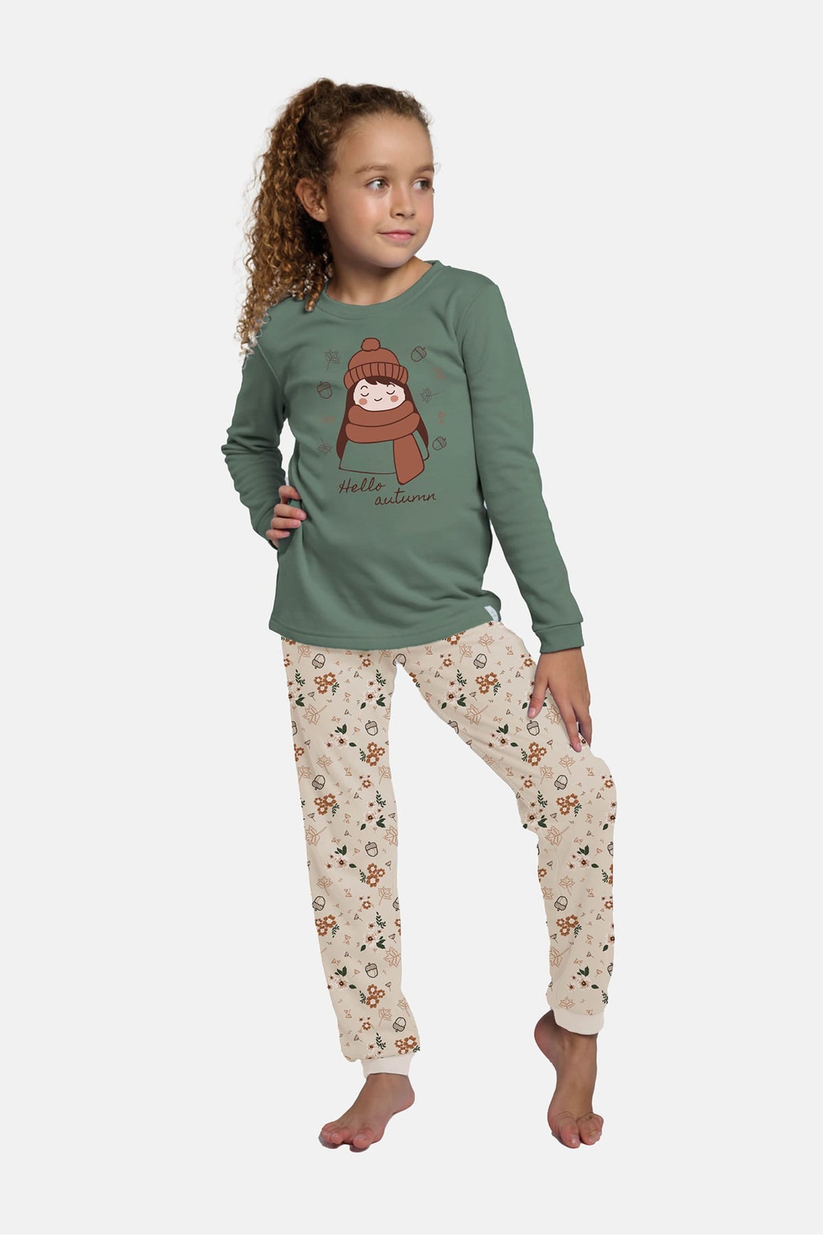 Pijama comprido de menina cardado Hello Autumn estampado outonal