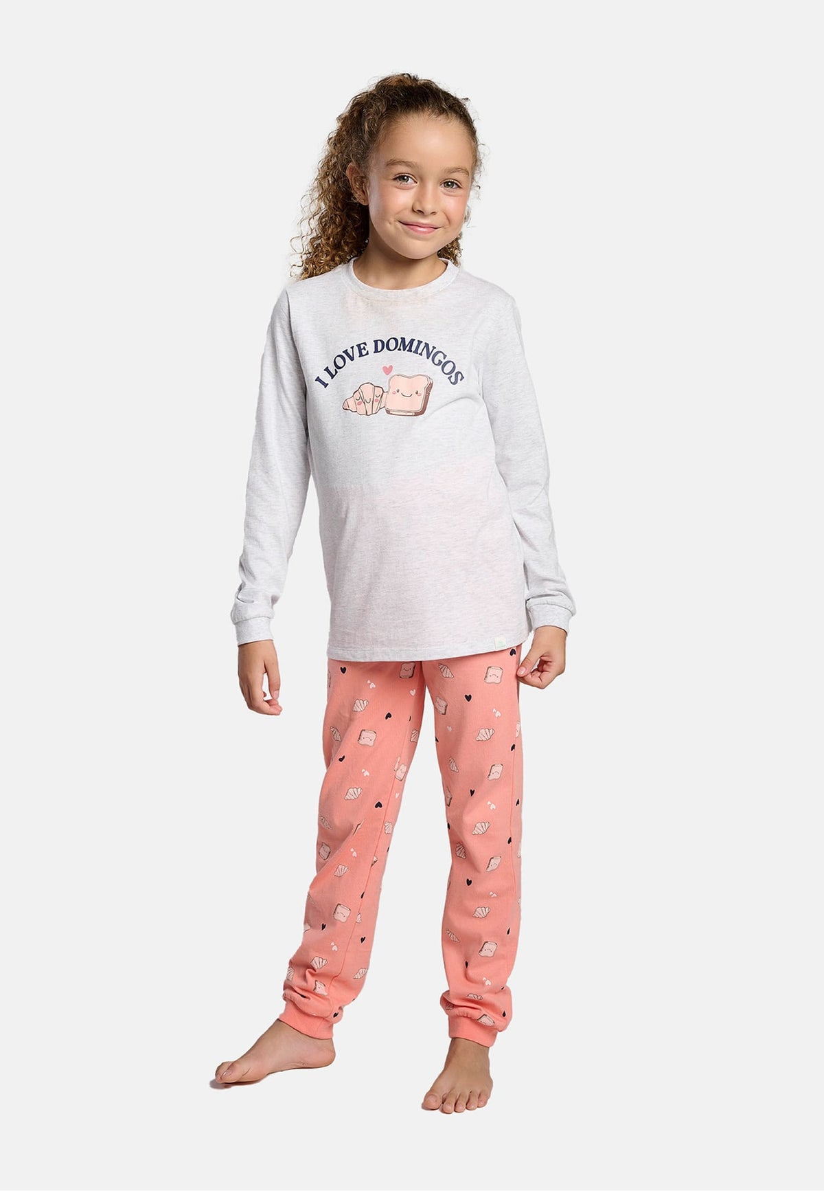 Pijama comprido de menina em algodão estampado I Love Domingos
