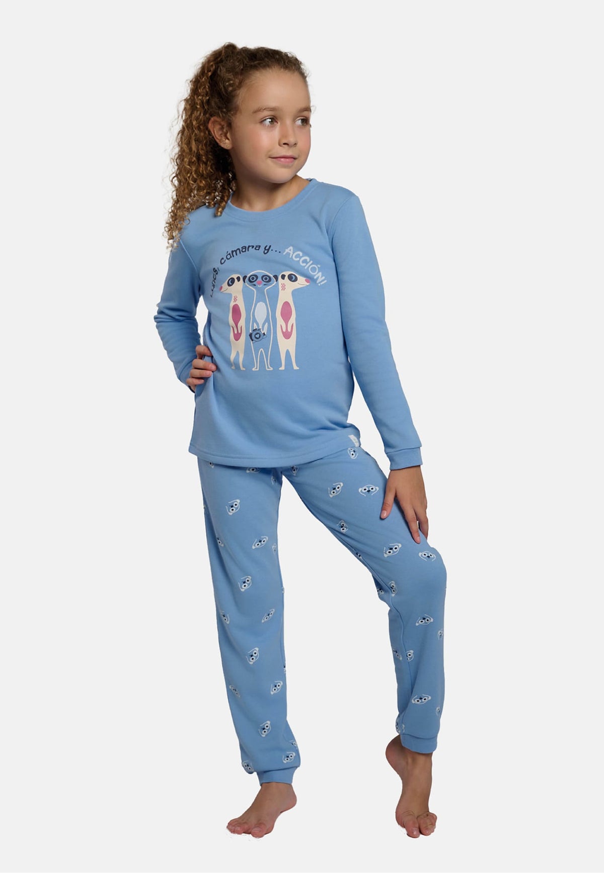 Pijama comprido de menina cardado estampado de suricatas
