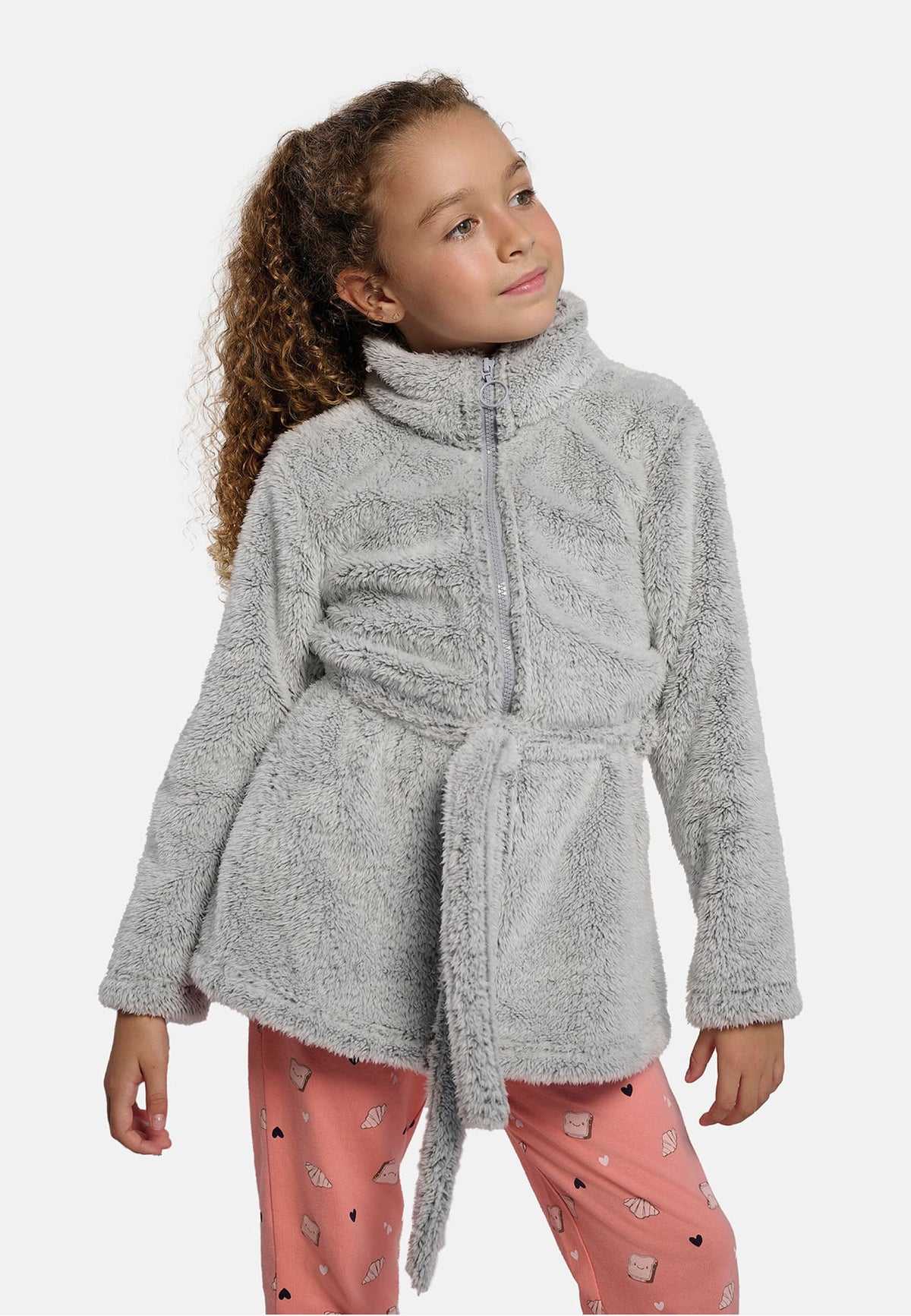 Roupão infantil de menina polar coral cinzento com cinto