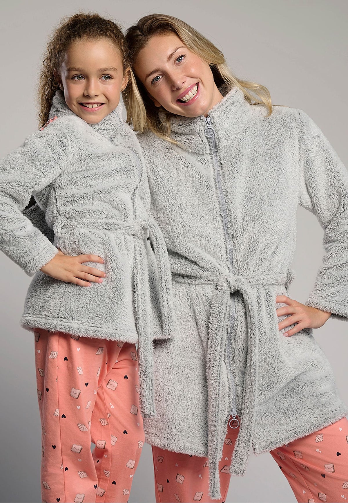 Roupão infantil de menina polar coral cinzento com cinto