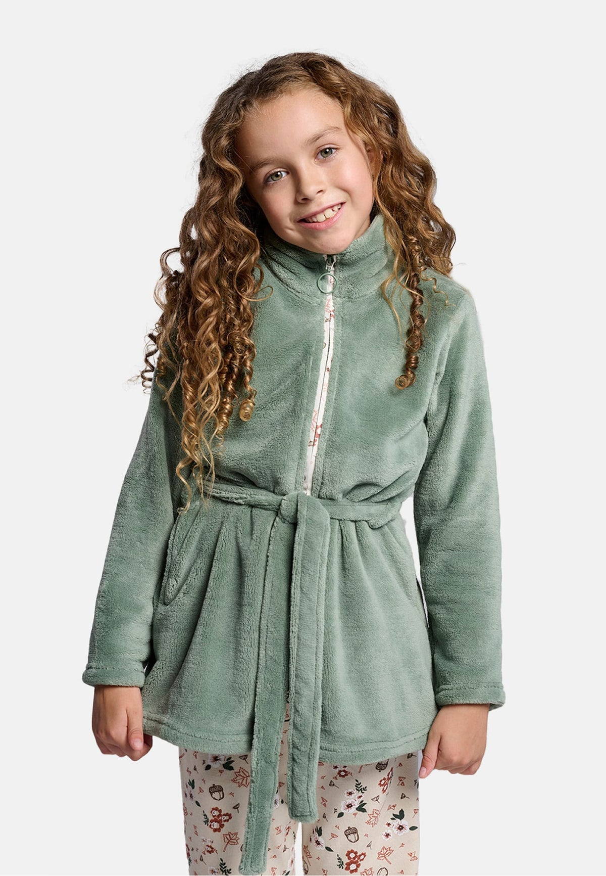 Roupão infantil de menina polar coral verde com cinto
