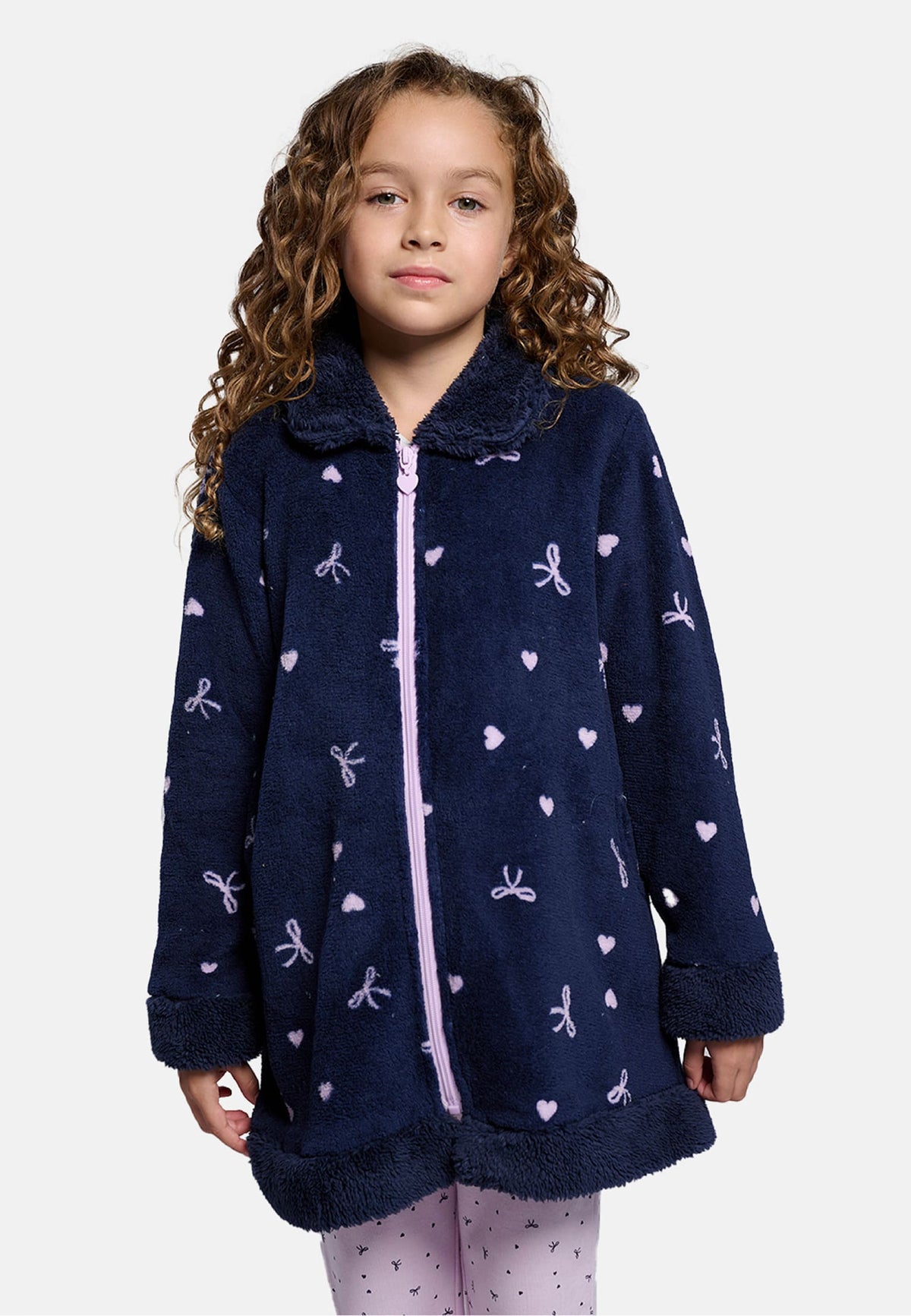 Roupão infantil de menina polar sherpa estampado de laços e corações com fecho de correr