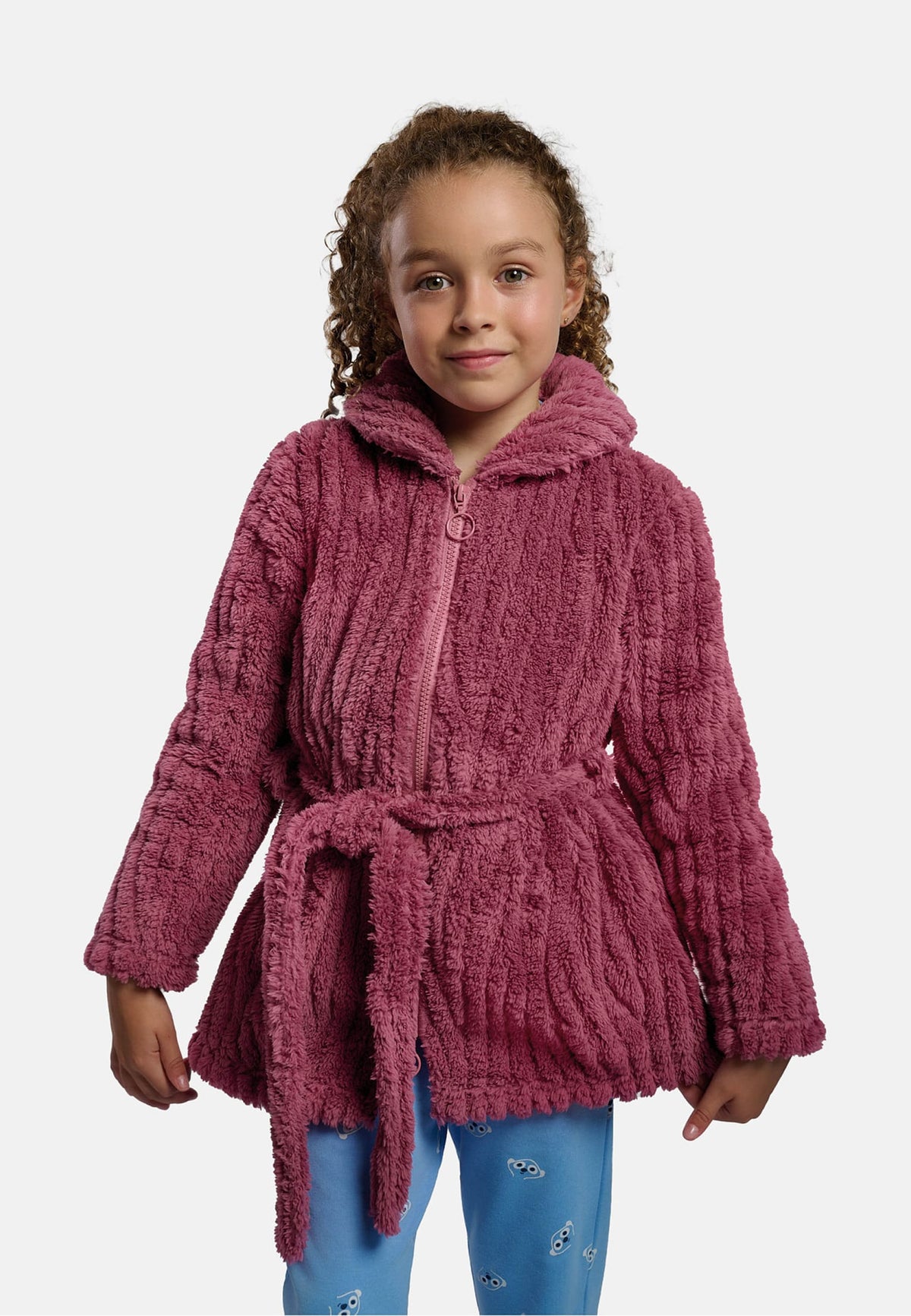 Roupão infantil de menina polar coral rosa texturizado com gola
