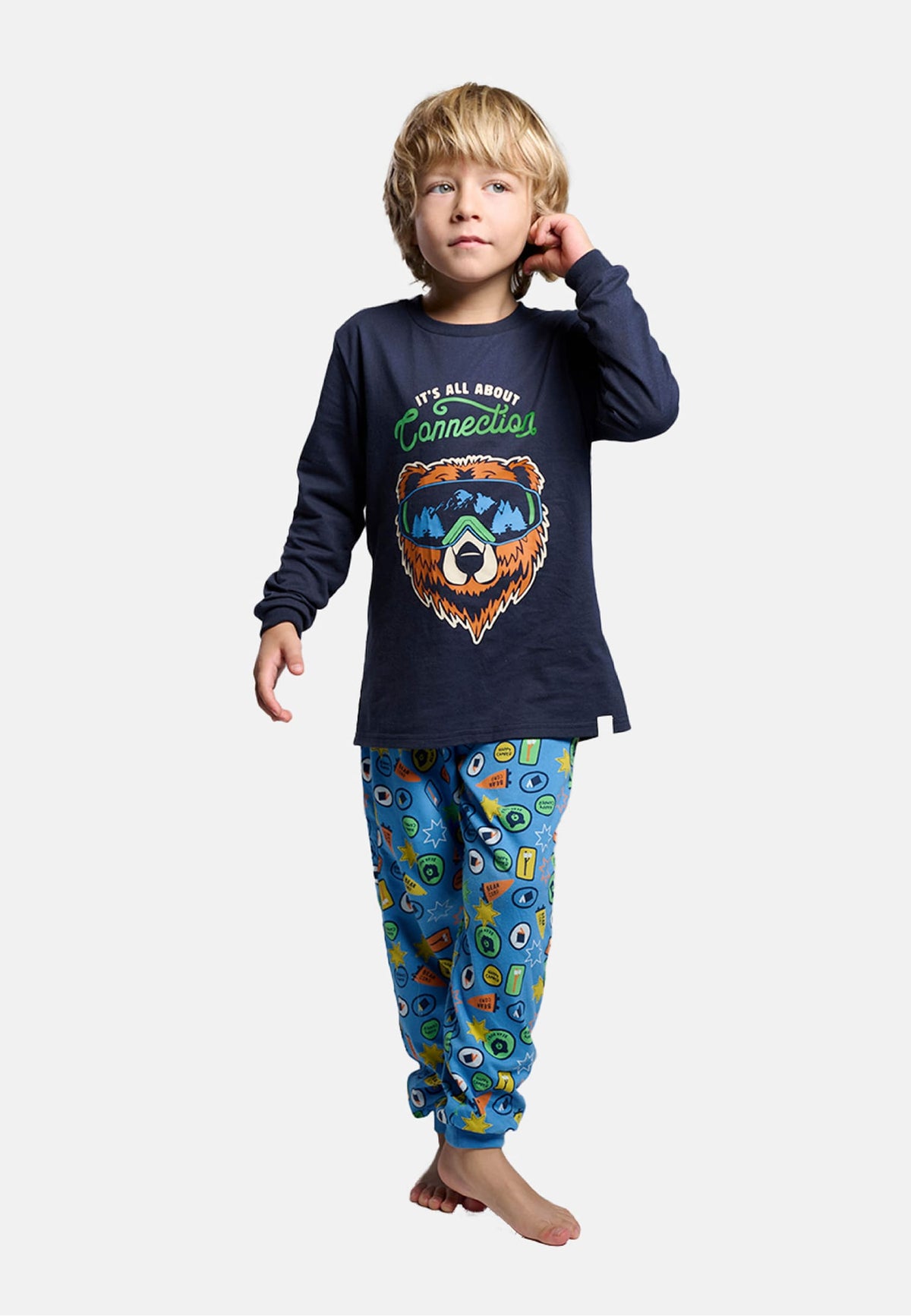 Pijama comprido de menino em algodão It's all about connection estampado de urso