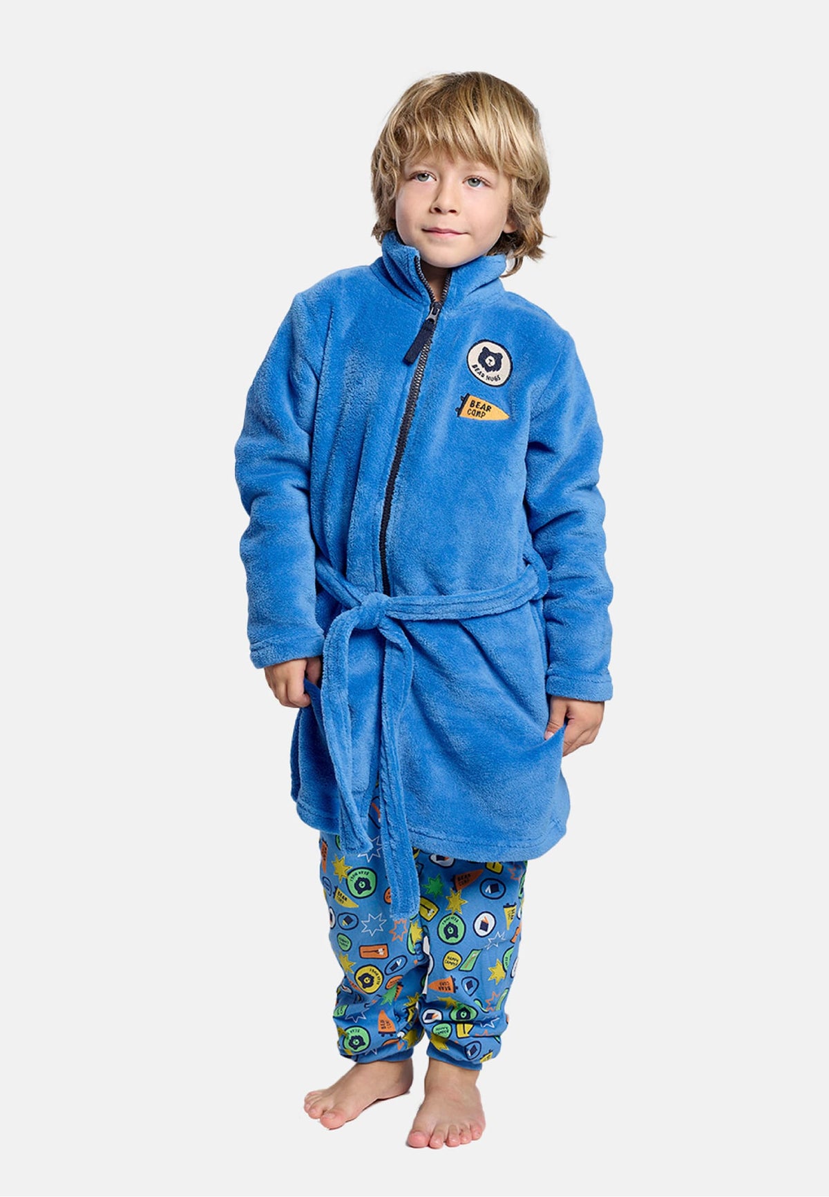 Roupão infantil de menino polar coral com fecho de correr e detalhes de patches