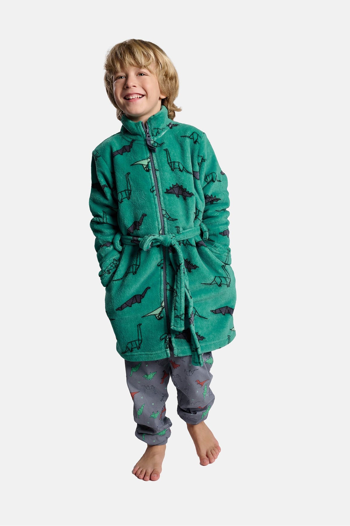 Roupão infantil de menino polar coral estampado de dinossauros com fecho de correr