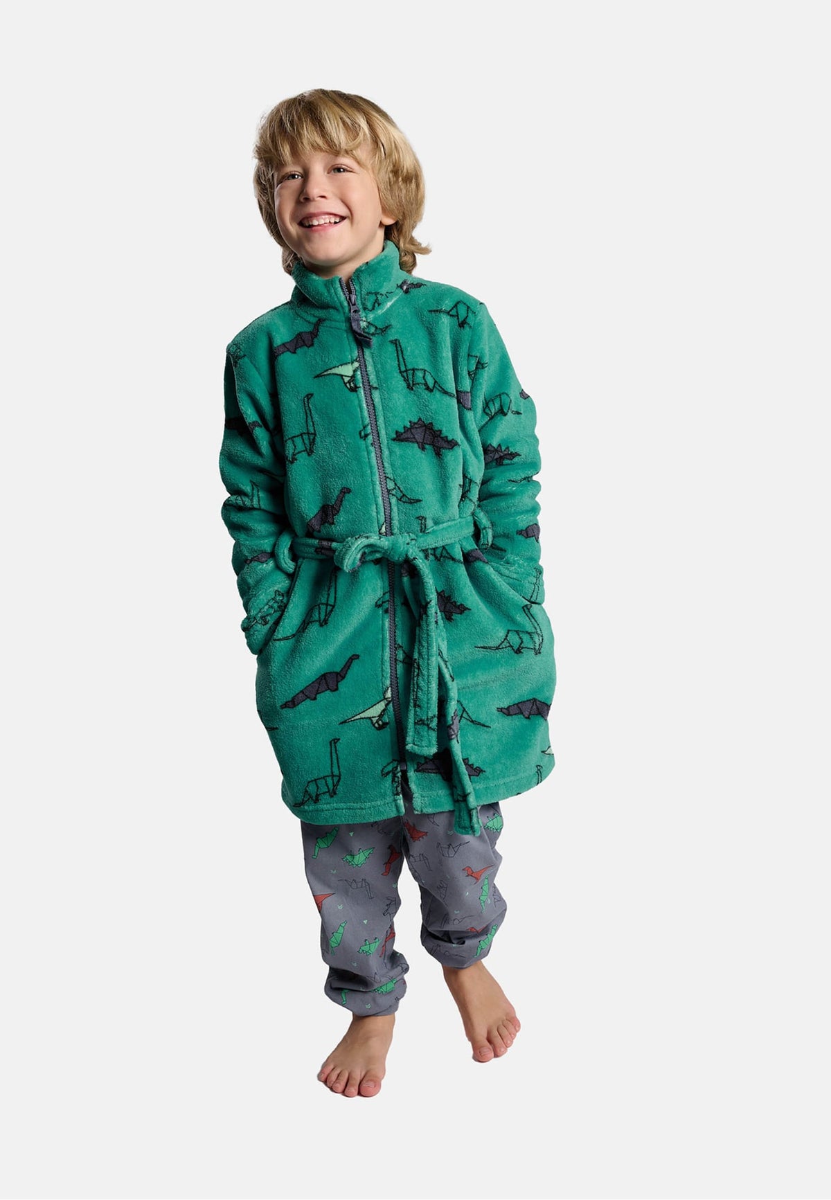 Roupão infantil de menino polar coral estampado de dinossauros com fecho de correr