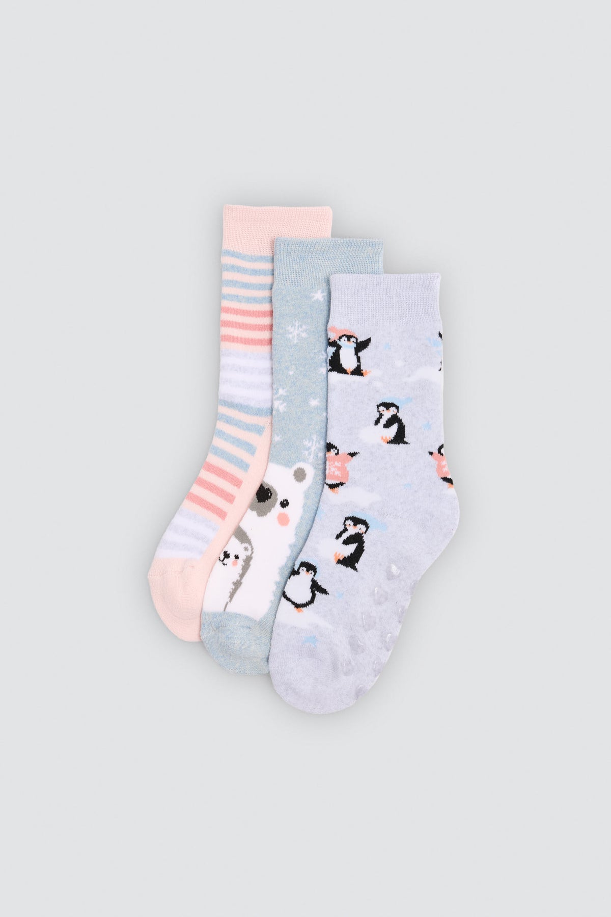 Pack de 3 meias térmicas antiderrapantes de menina com estampados de ursos e pinguins
