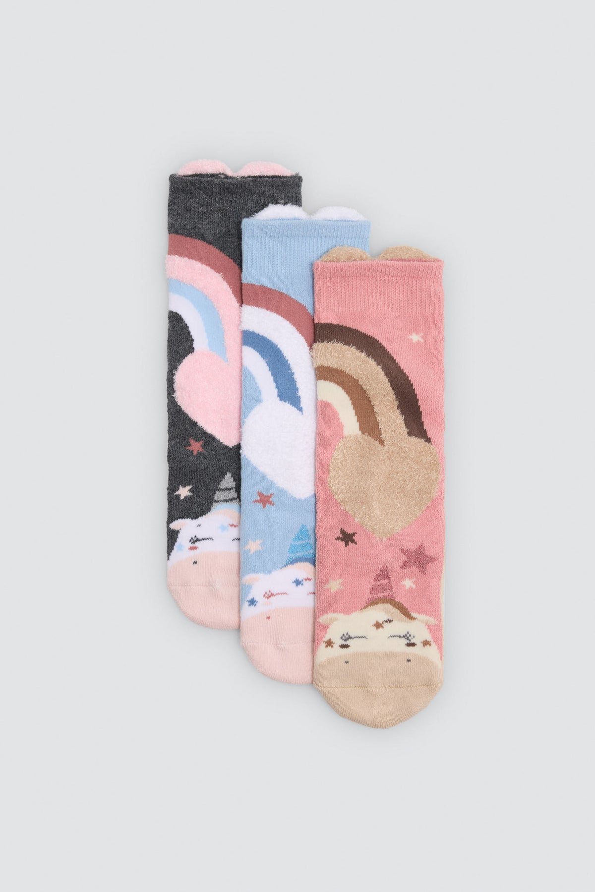 Pack de 3 meias térmicas antiderrapantes de menina com estampados de unicórnios e arco-íris
