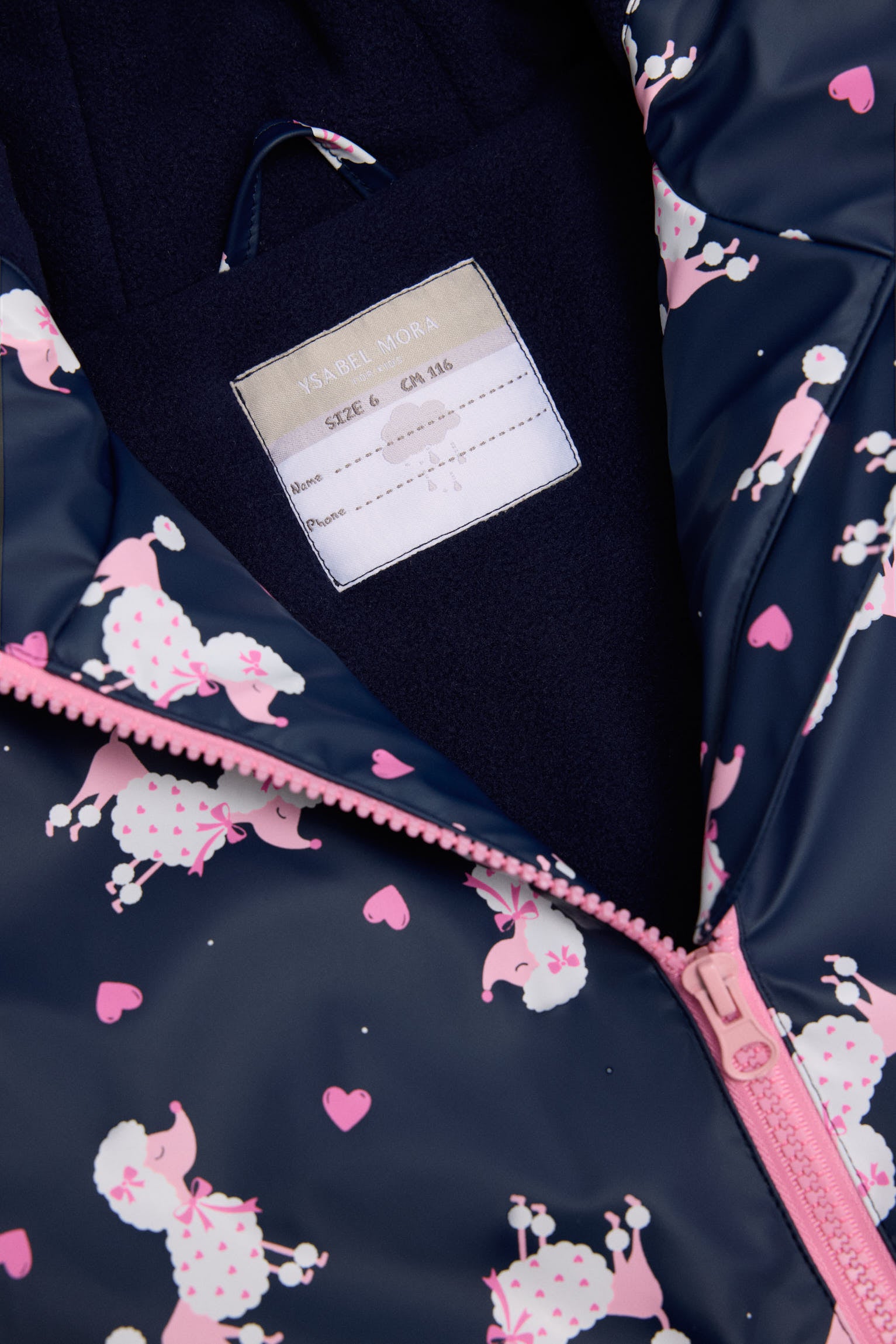 Capa de chuva de menina estampado de caniches com forro polar