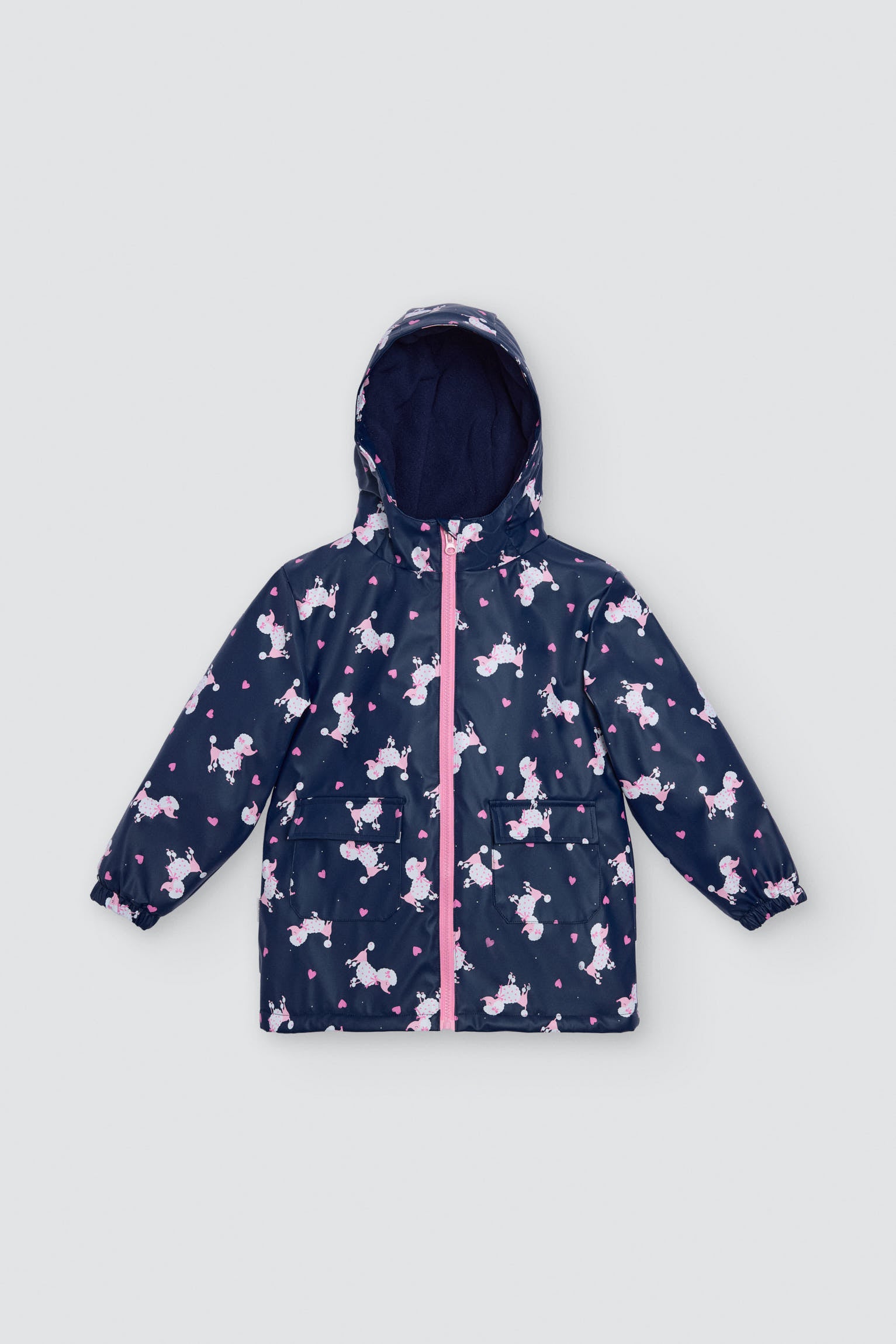 Capa de chuva de menina estampado de caniches com forro polar