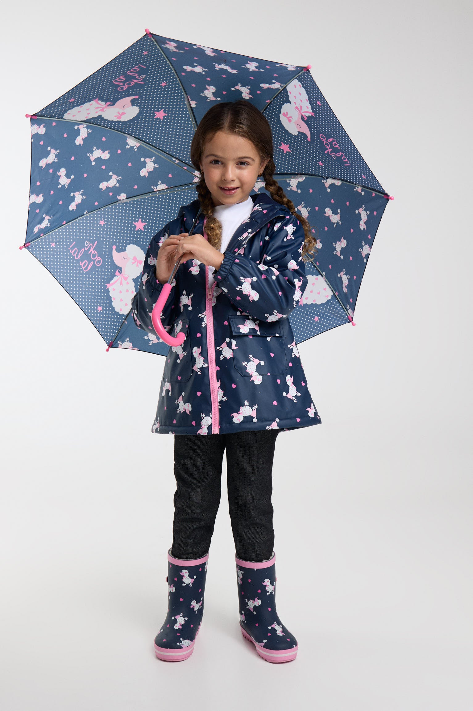 Capa de chuva de menina estampado de caniches com forro polar