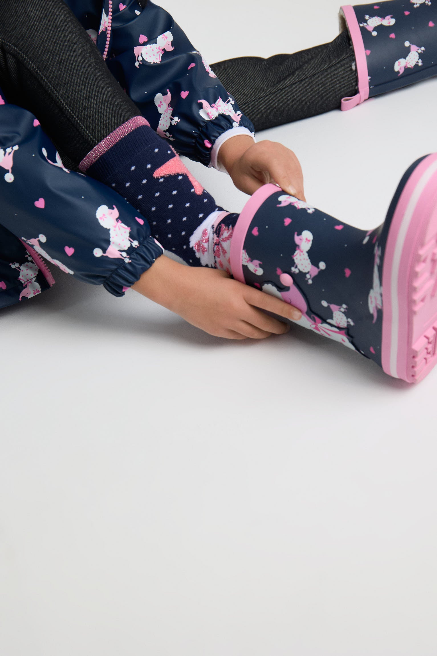 Botas de chuva de menina estampado de caniche com forro sherpa