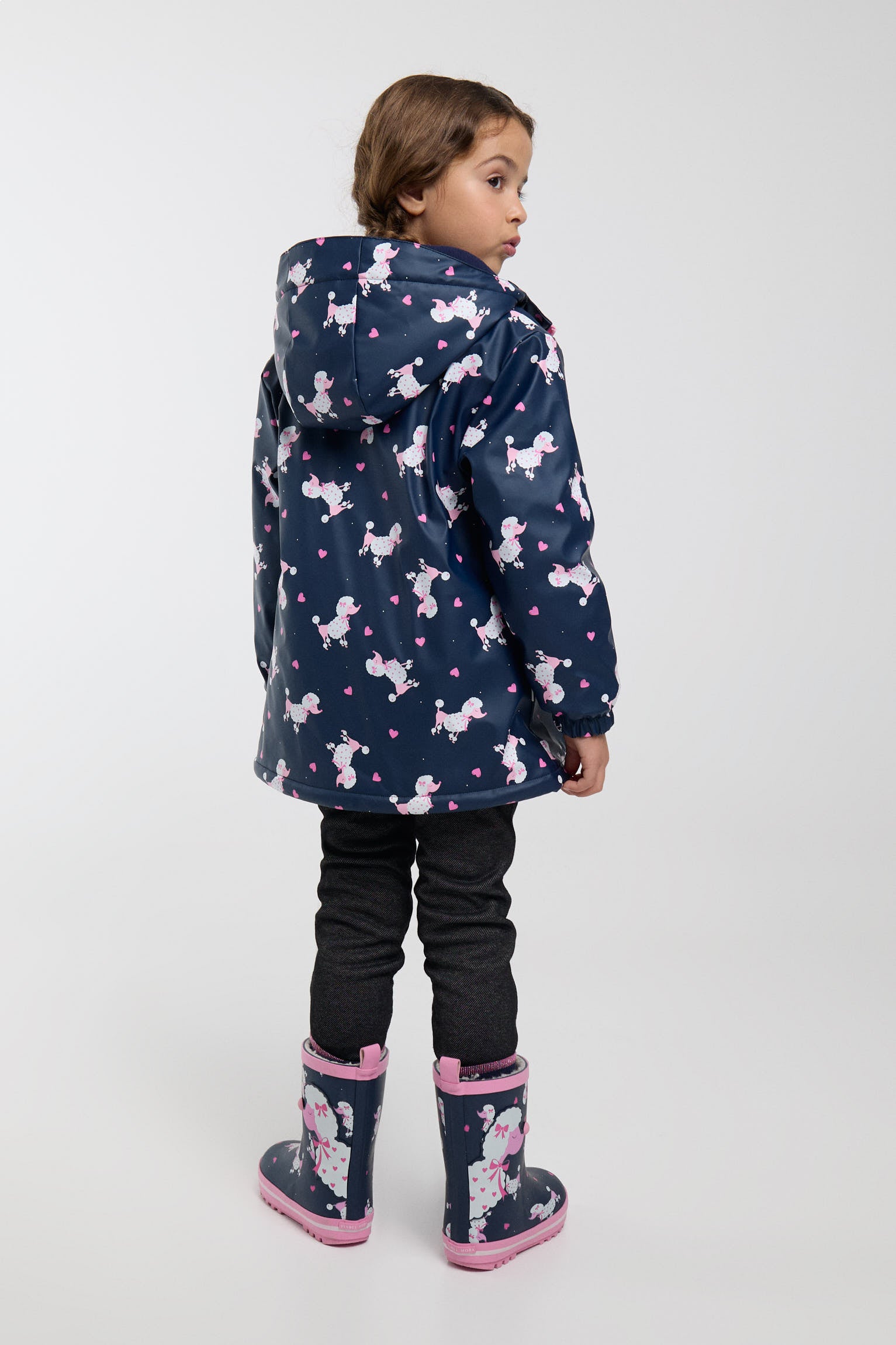Capa de chuva de menina estampado de caniches com forro polar