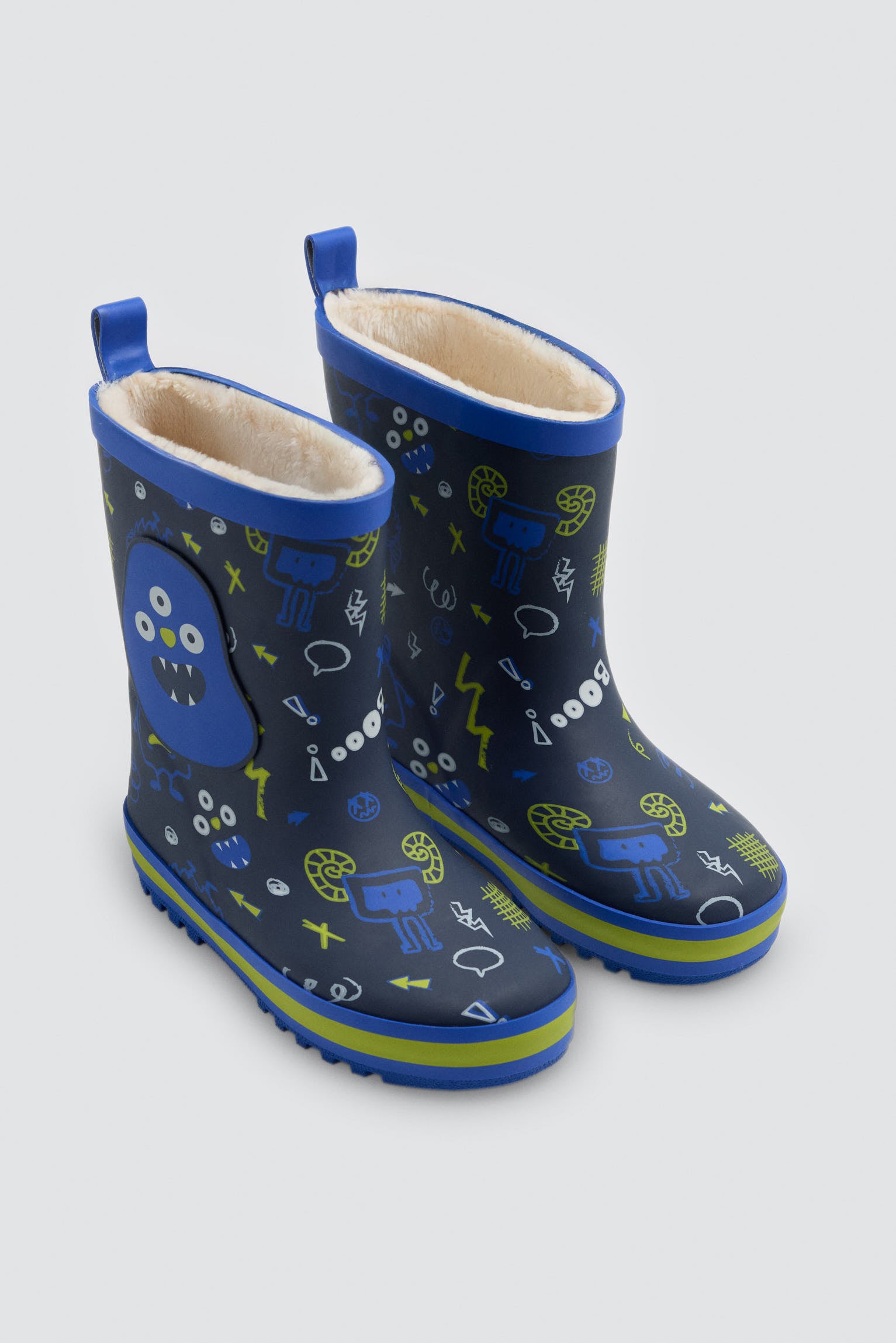 PRÉ-VENDA Botas de chuva de menino estampado de monstros com forro sherpa