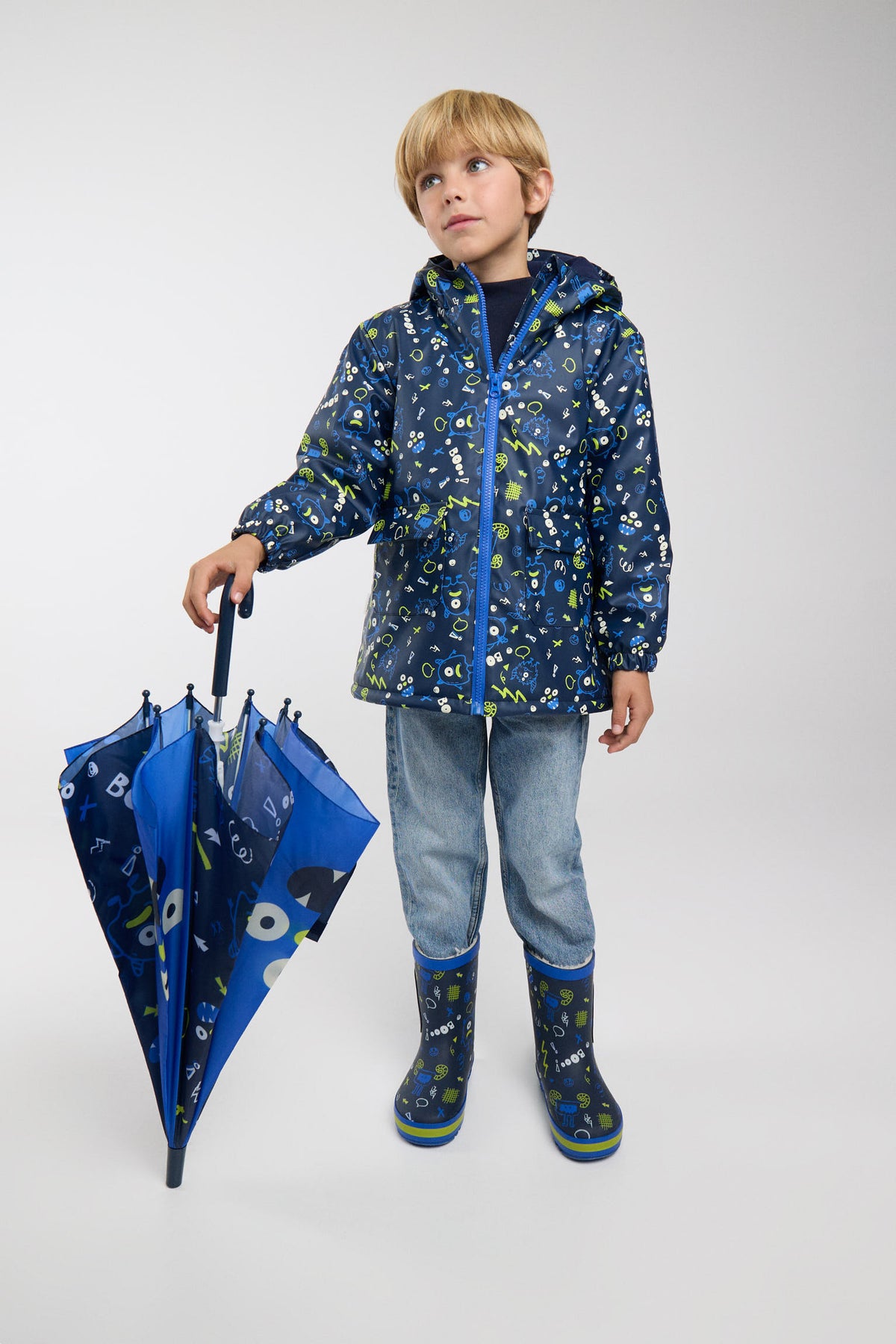 PRÉ-VENDA Capa de chuva de menino estampado de monstros com forro polar