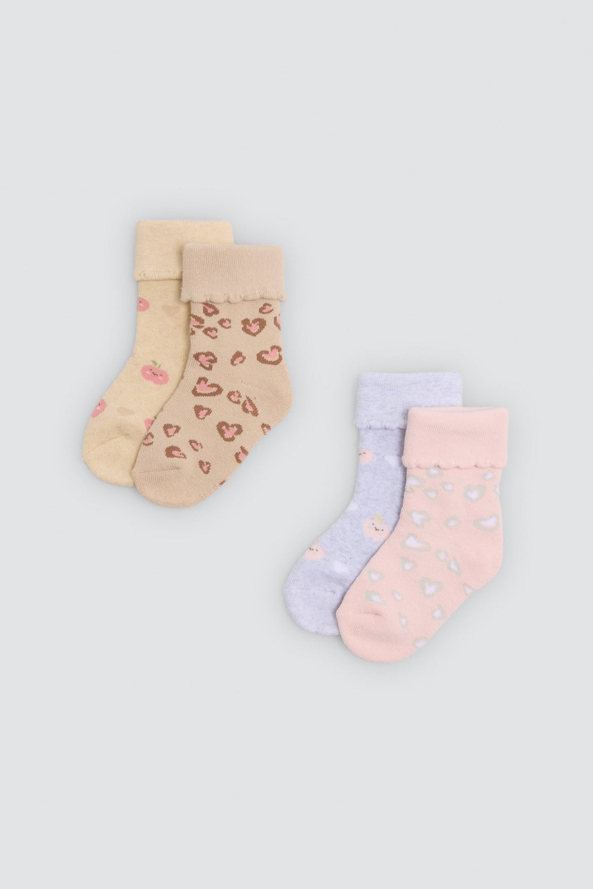 Pack de 4 meias térmicas de bebé com punho dobrado e estampado de frutas e corações