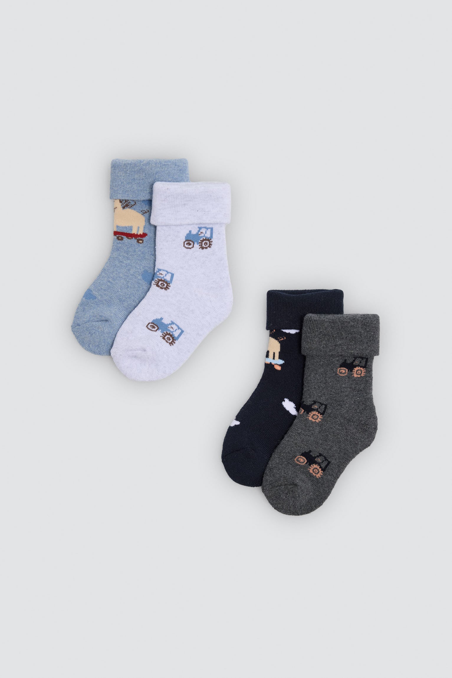 Pack de 4 meias térmicas de bebé com estampado de tratores e porcos