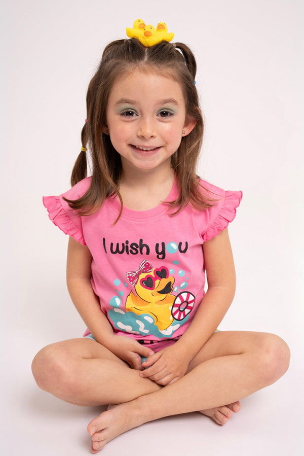 Pijama infantil curto de algodão Good Duck rosa | MUYDEMI