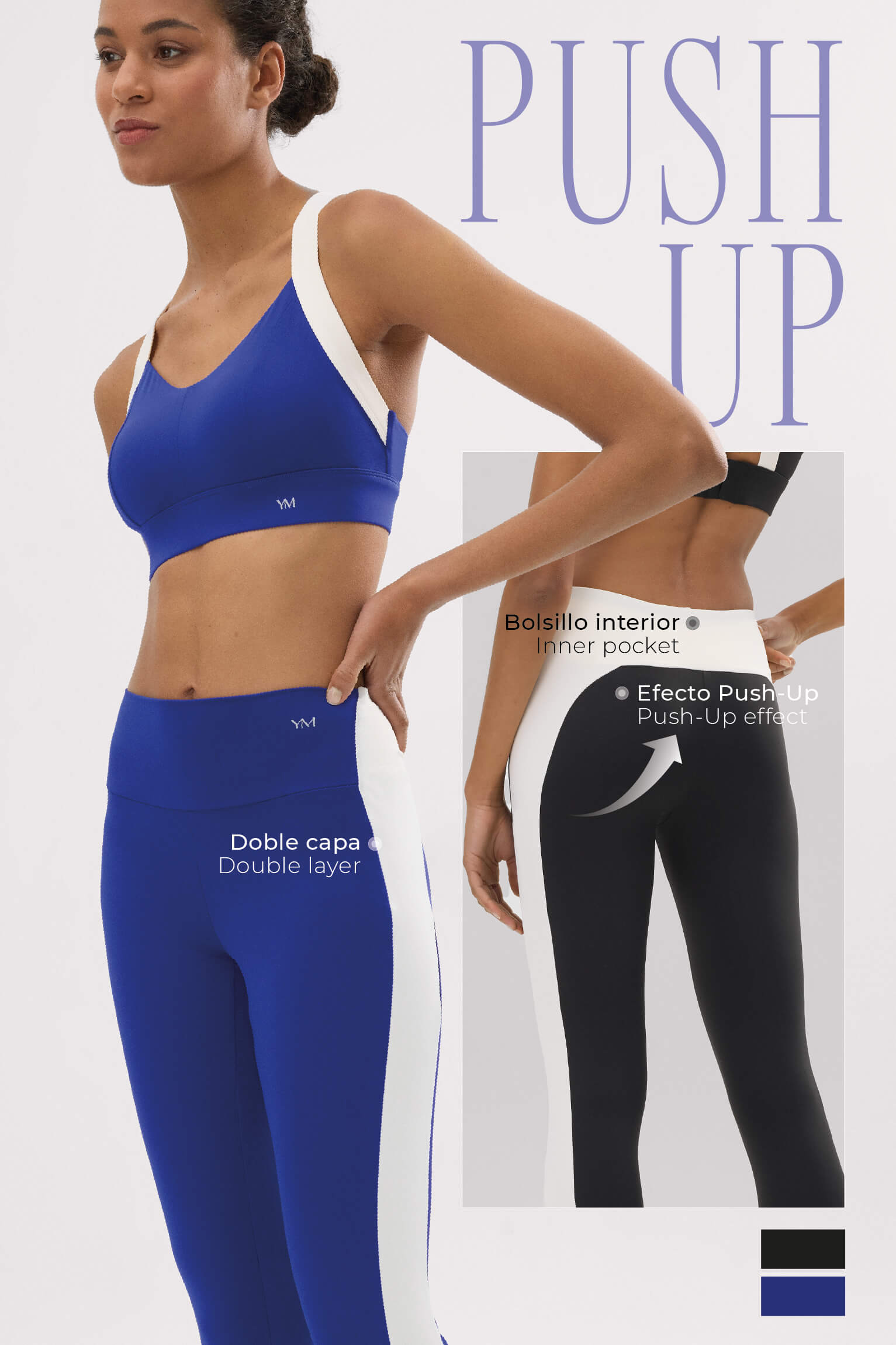 PRÉ-VENDA  Leggings esportivas longas azul índigo com efeito push-up e listra contrastante.