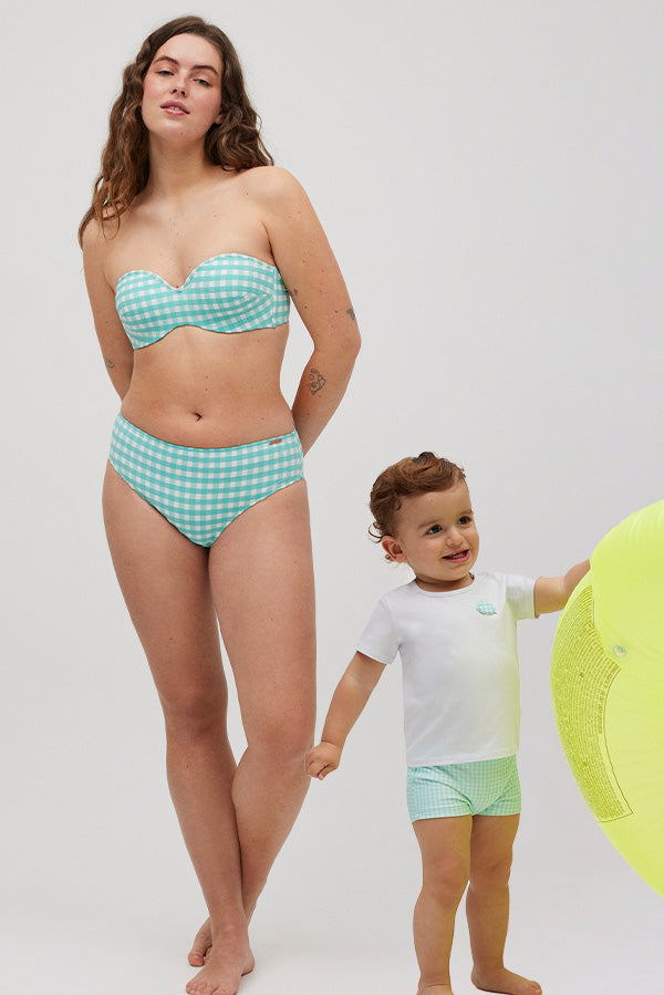 Conjunto de banho vichy azul para mãe e filho Coleção Mini me
