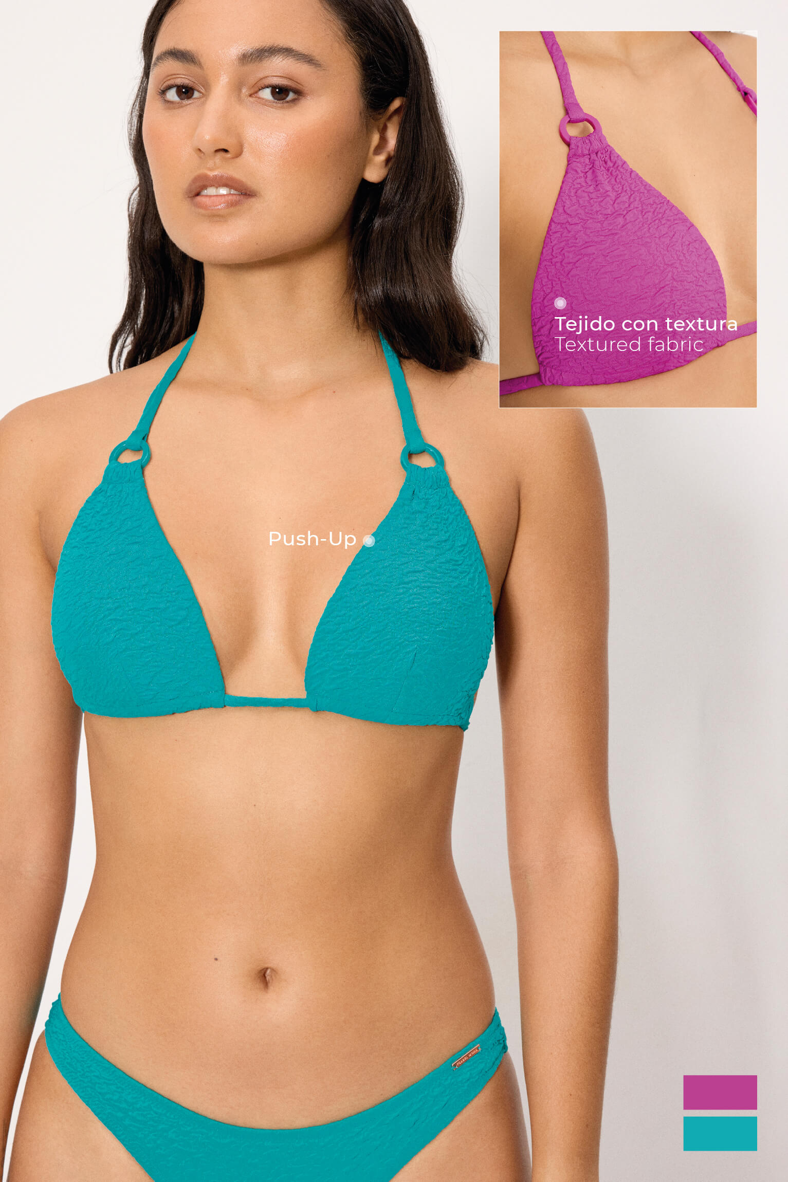 Top de biquíni triangular texturizado lilás com bojo push-up, tamanho B