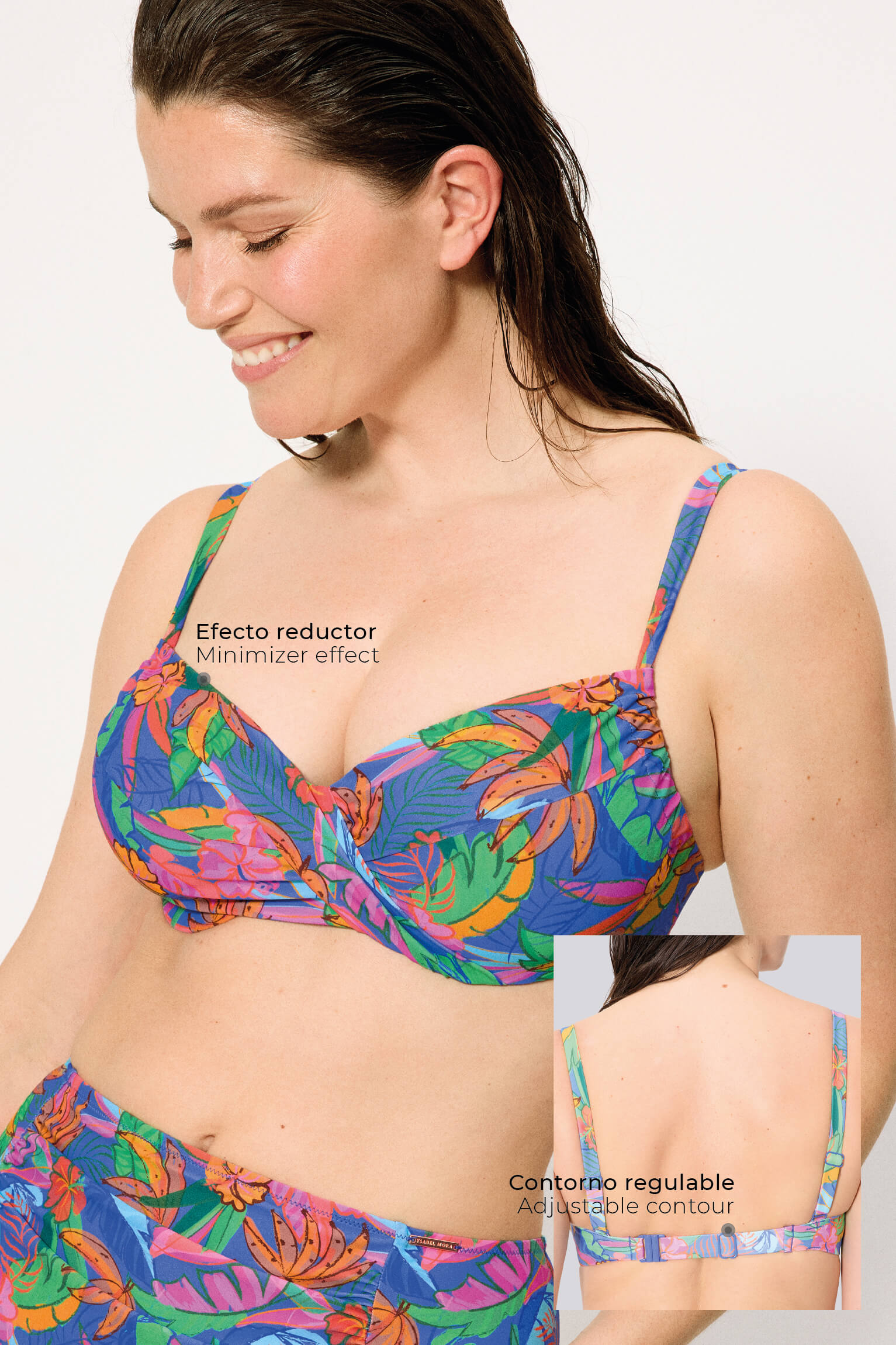 Top de biquíni com estampa tropical, modelador de busto, aro ajustável, tamanhos de bojo C e D.