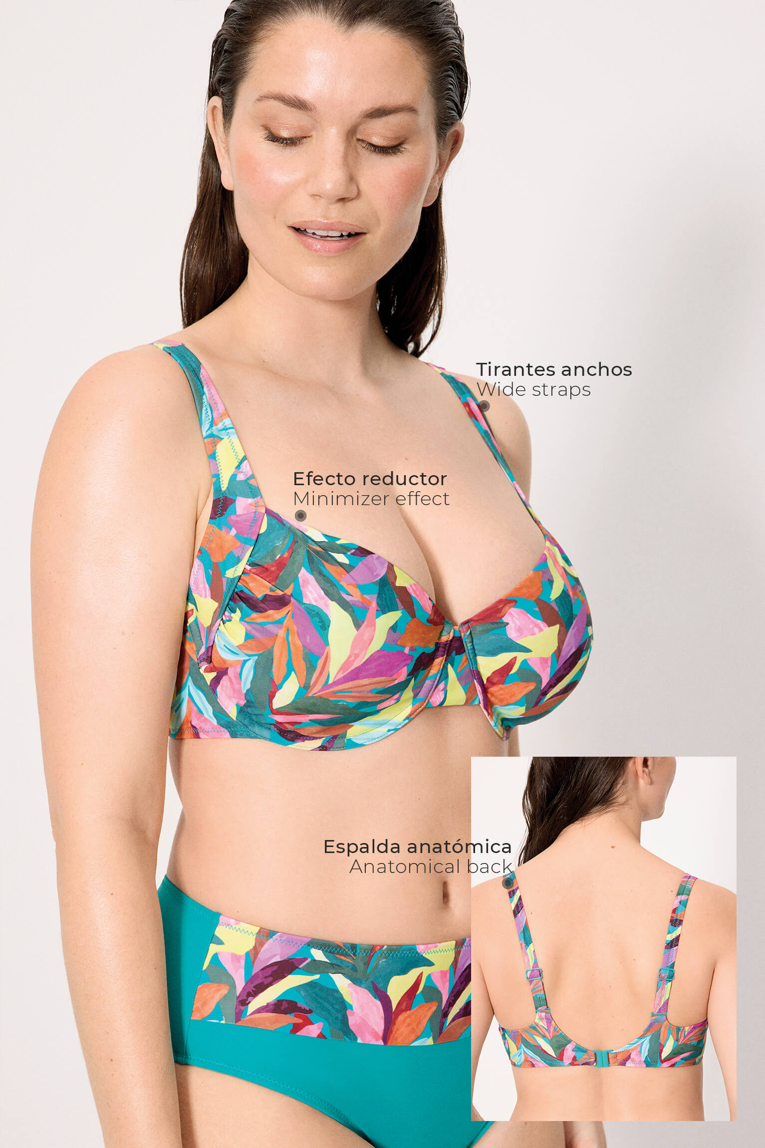 Top de biquíni modelador com estampa de folhas, tamanhos D e E.