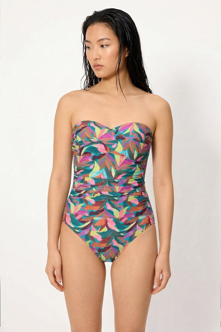 Maiô tomara que caia de alta compressão com estampa de folhas, tamanho B