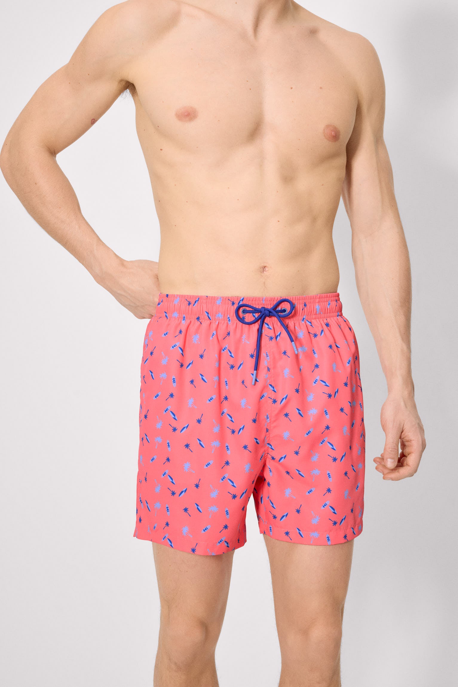 Biquíni meia-lua com estampa de palmeiras e pranchas de surf