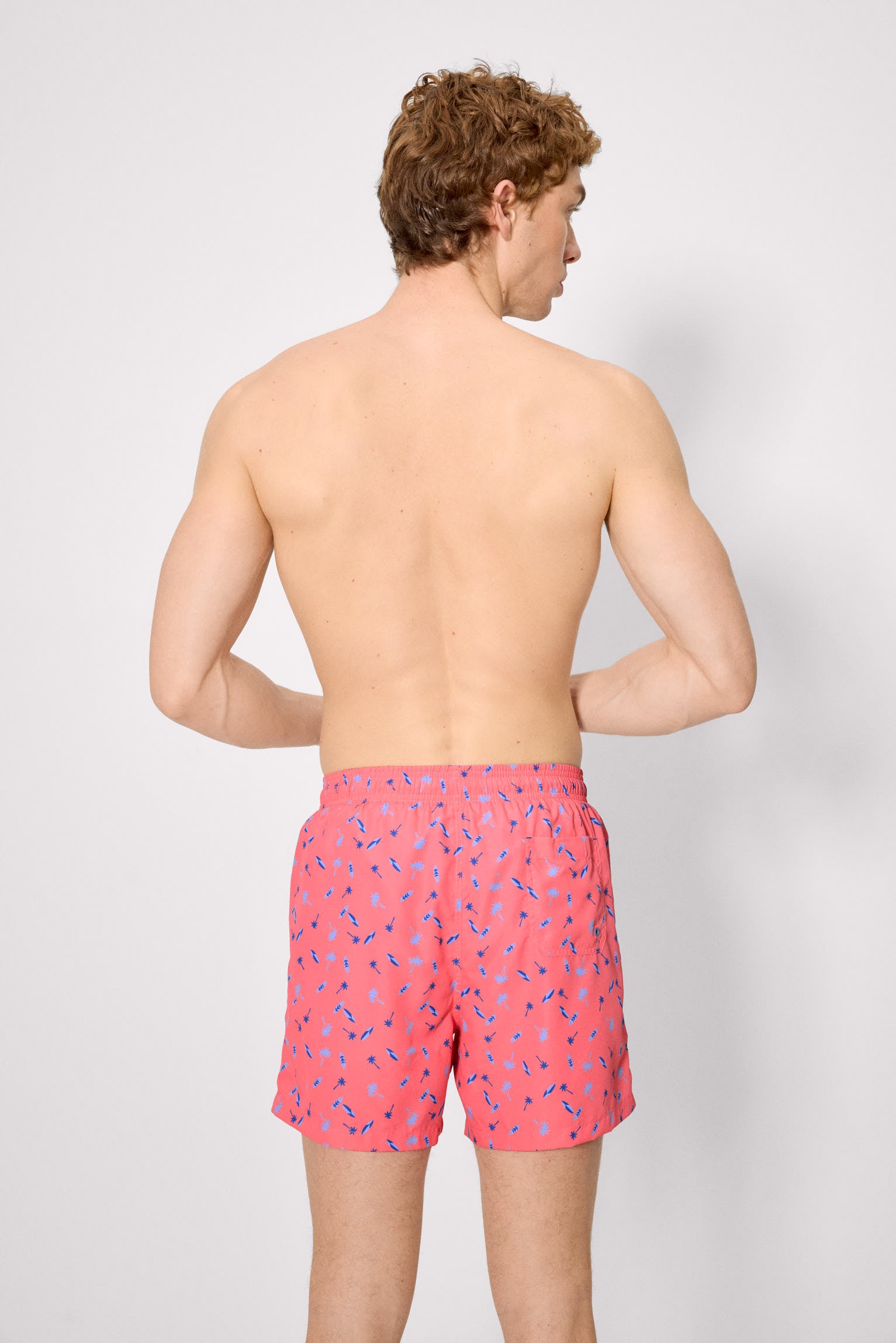 Biquíni meia-lua com estampa de palmeiras e pranchas de surf