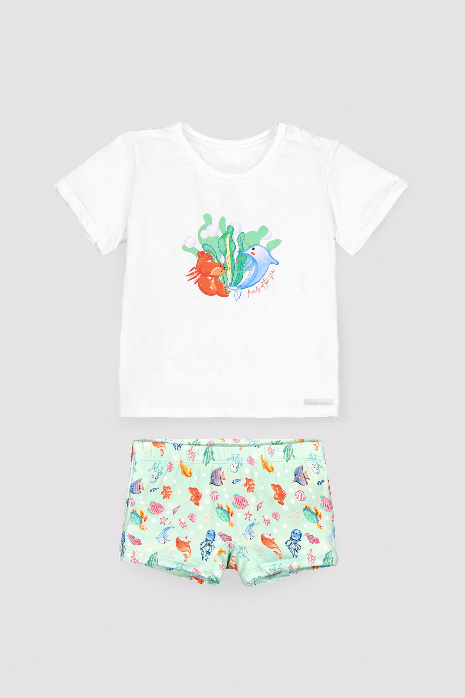 Conjunto para bebê: camiseta e shorts boxer com estampa de animais marinhos