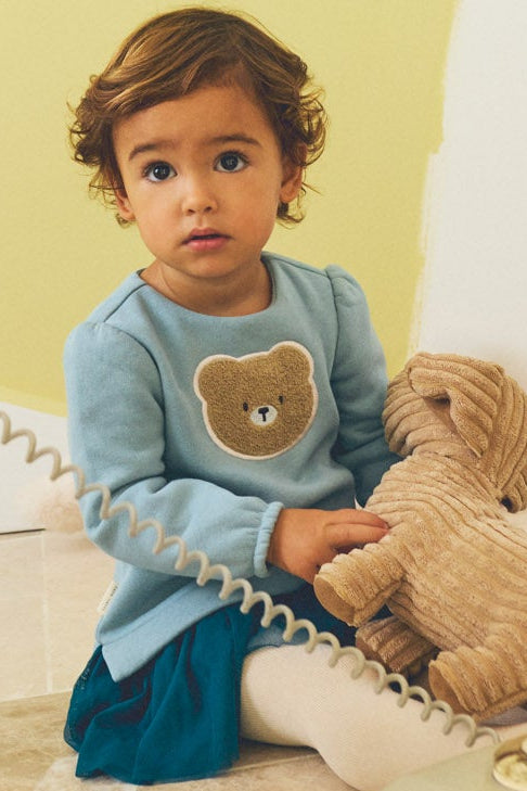 Vestido de bebé de manga comprida com detalhe de urso texturizado