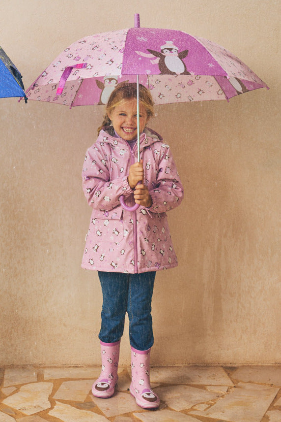 PRÉ-VENDA Capa de chuva de menina estampado de pinguins com forro polar