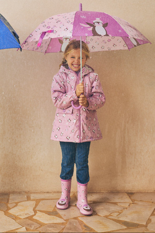 PRÉ-VENDA Botas de chuva de menina estampado de pinguins com forro interior
