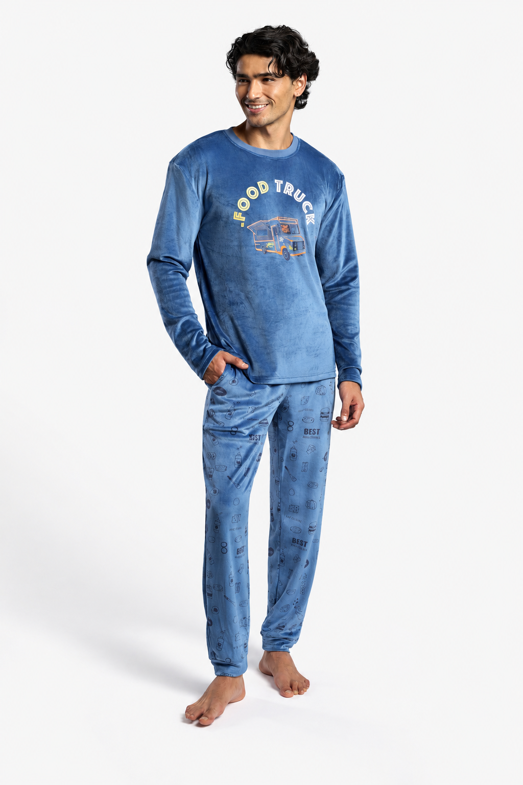 Pijama comprido de homem em veludo estampado Food Truck