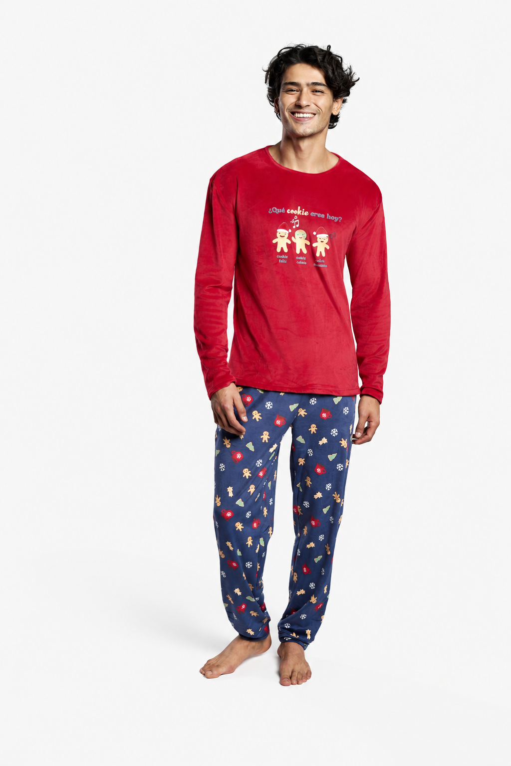 Pijama comprido de homem em veludo Natal estampado de gengibre