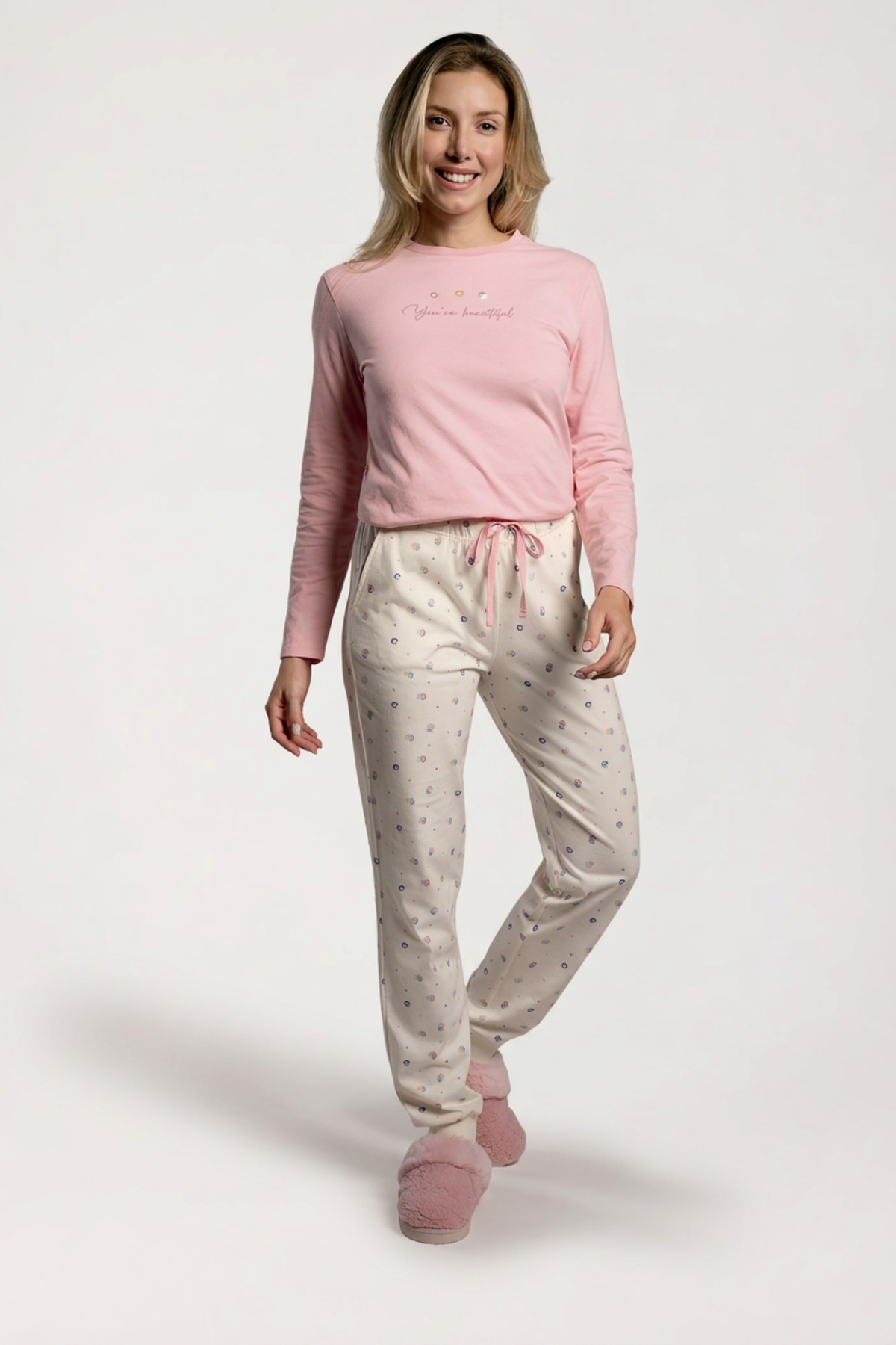 Pijama comprido de mulher em algodão rosa e branco